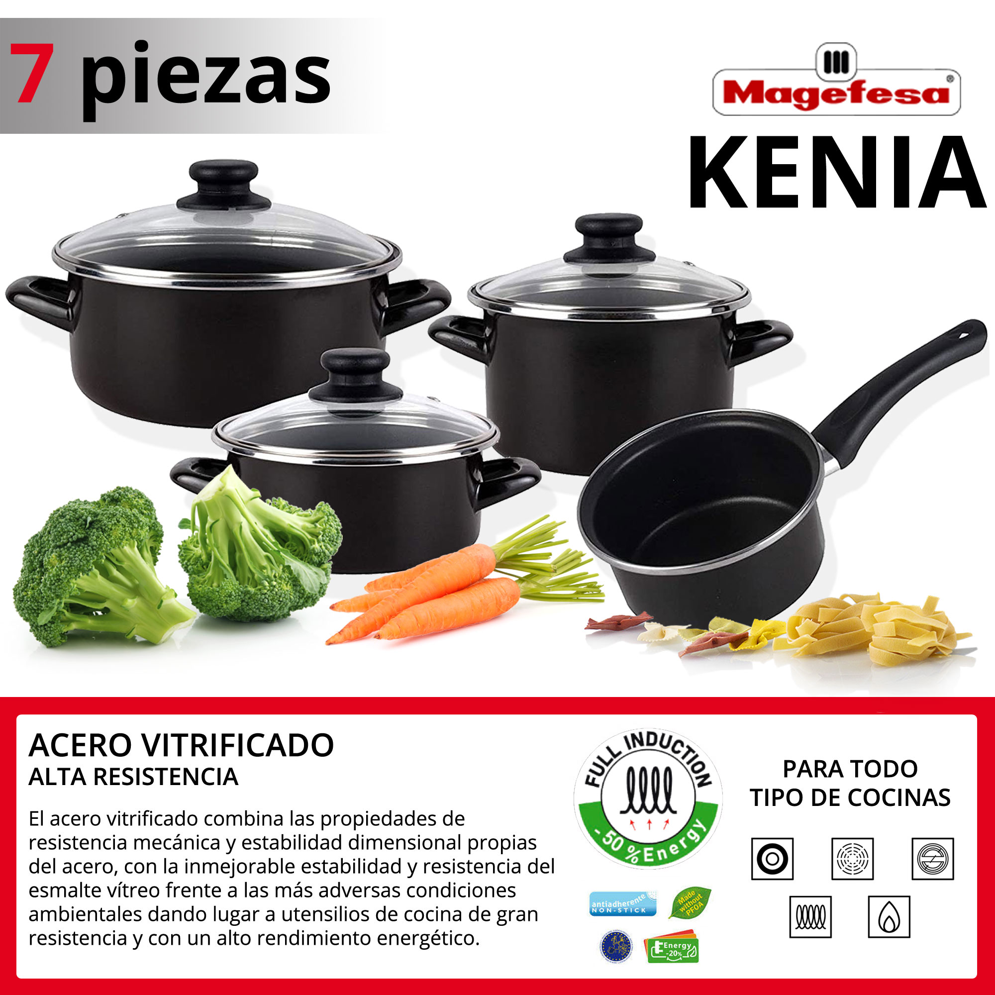 Magefesa Kenia Negra - Batería de Cocina 7 piezas, acero vitrificado exterior negro. Antiadherente bicapa Reforzado. Apta para todo tipo de cocinas, - 3