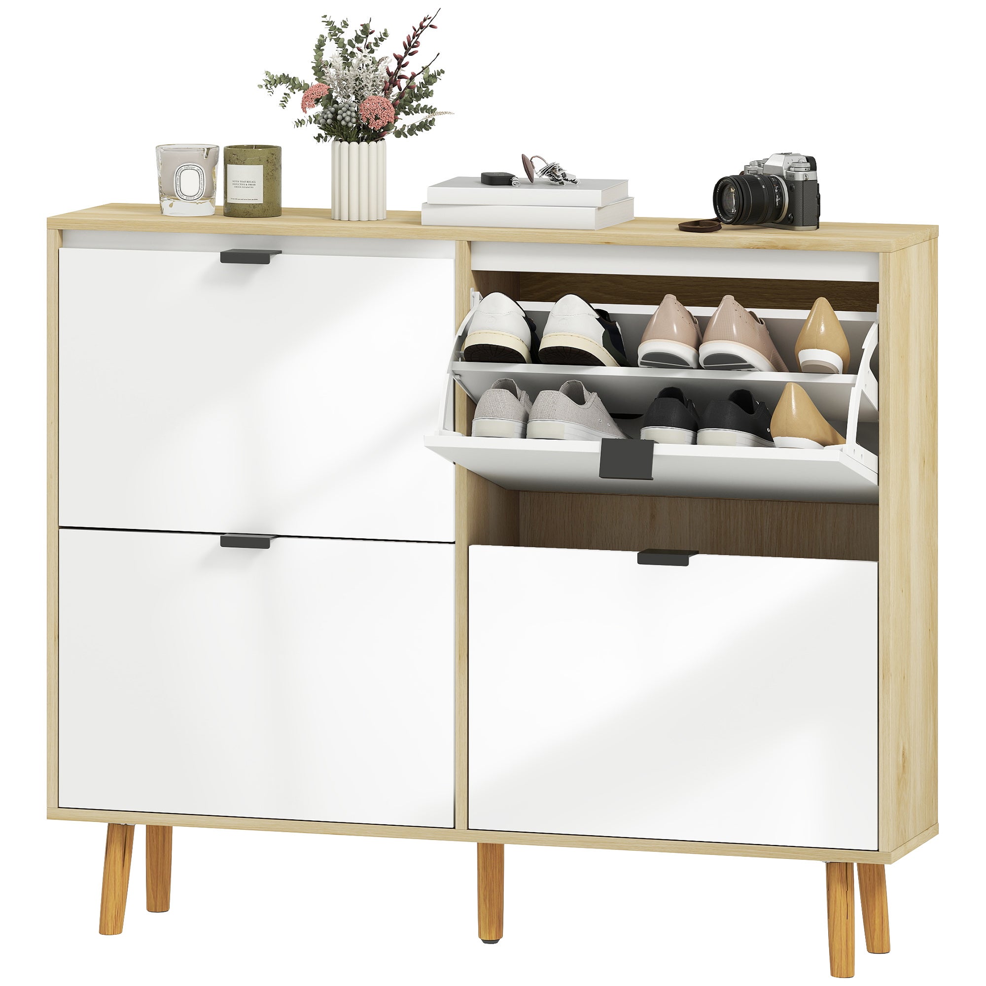 HOMCOM Scarpiera Stretta 18 Paia – 3 Cassetti Pieghevoli Con Ripiani Regolabili – 72x26x112 Cm – Bianco E Rovere
