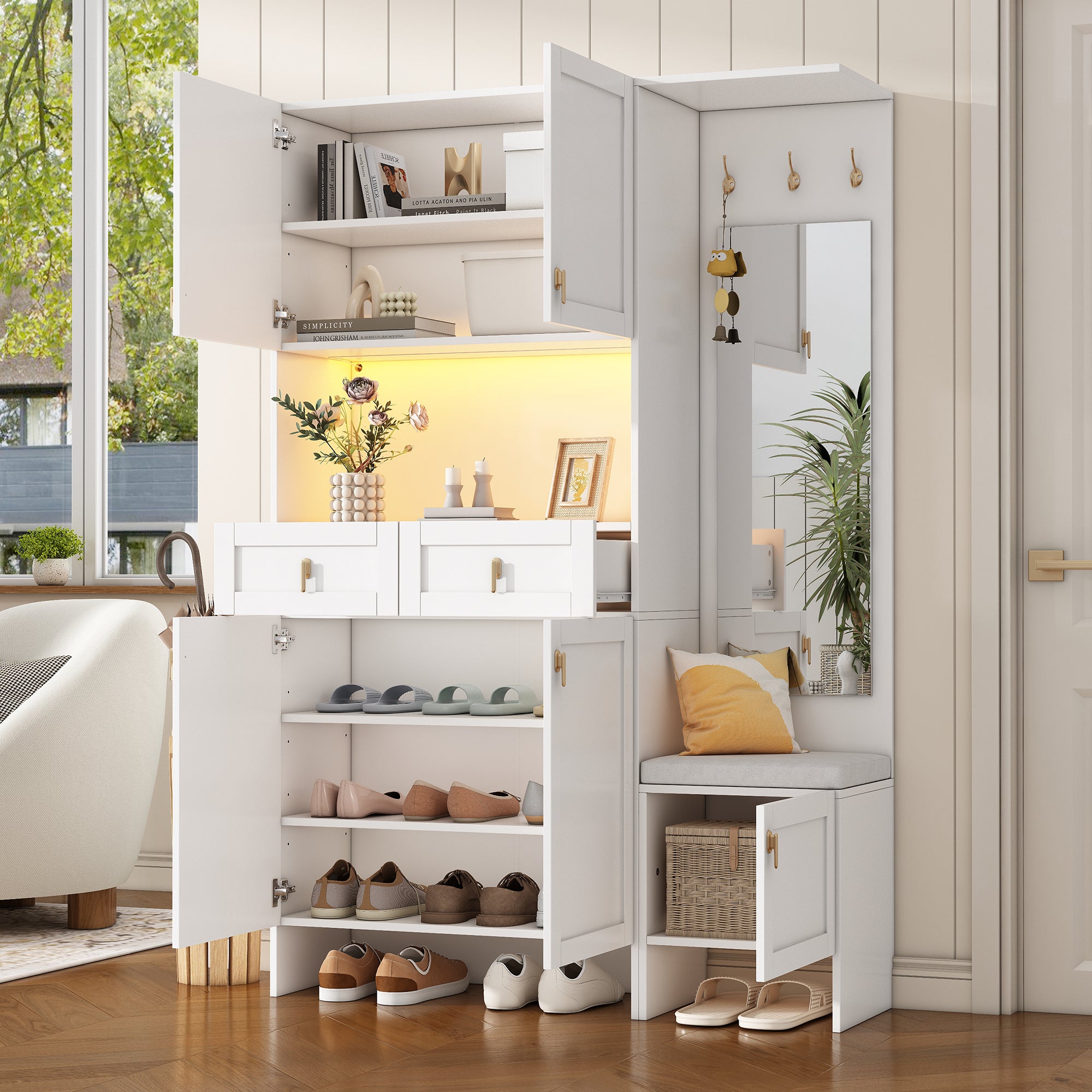 Szafka na buty z 3 wieszakami, 5 drzwiami, 2 szufladami, 1 lustrem i ławką - 120 x 33,5 x 180 cm - Płyta wiórowa - Kolor biały