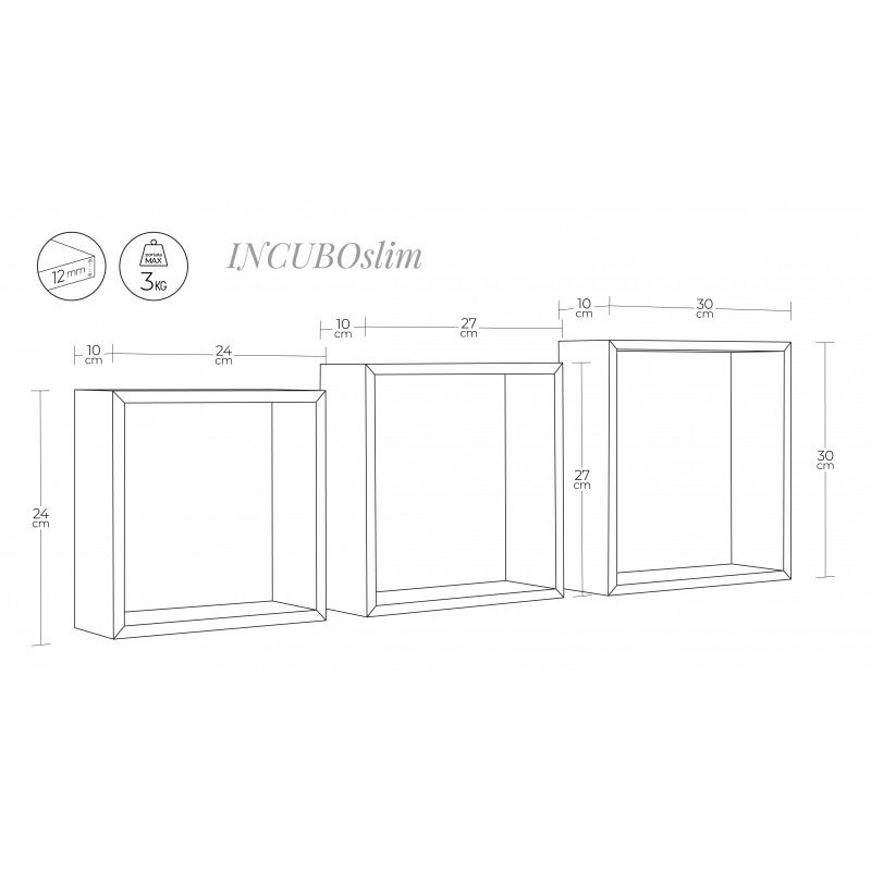 Ensemble de 3 étagères murales décoratives cubiques, chêne foncé, 30x30x10 cm, 27x27x10 cm et 24x24x10 cm - Incubo Slim - 2