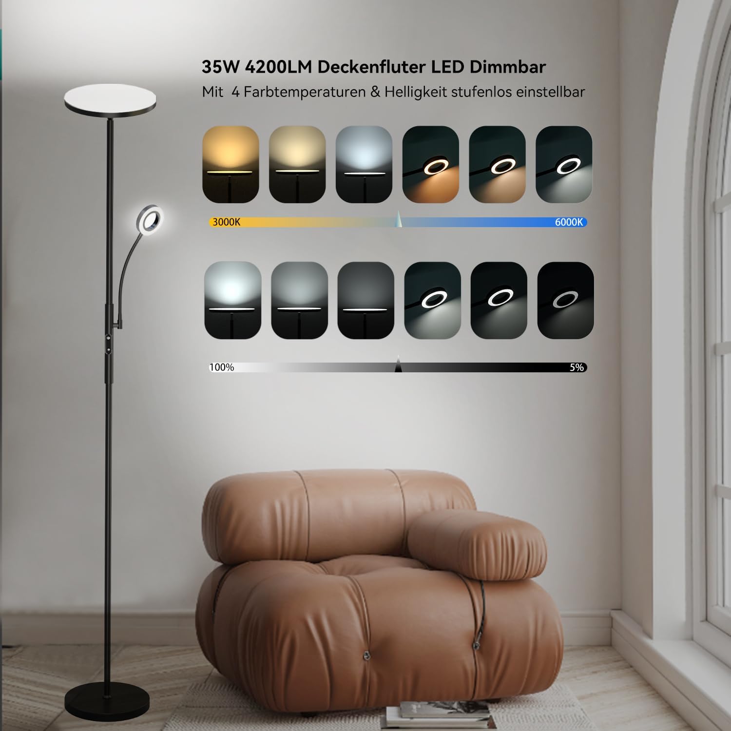 Amdelne Lampadaire LED, 30W+5W 2500LM, dimmable et contrôle des couleurs 3000K-6000K, avec télécommande magnétique Noir - 2