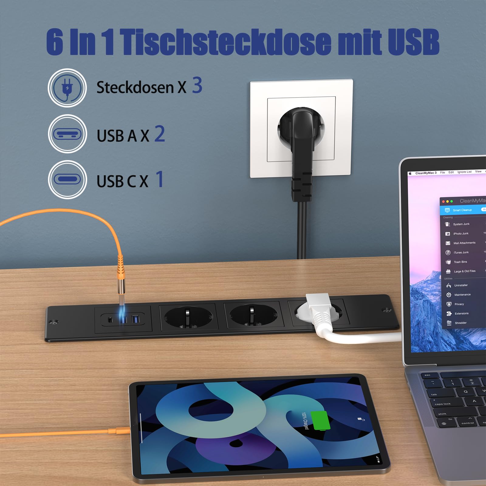 Prise encastrée de bureau avec USB-C | 3 prises secteur + 2 ports USB-A | Câble d'alimentation 2 m,Noir - 2