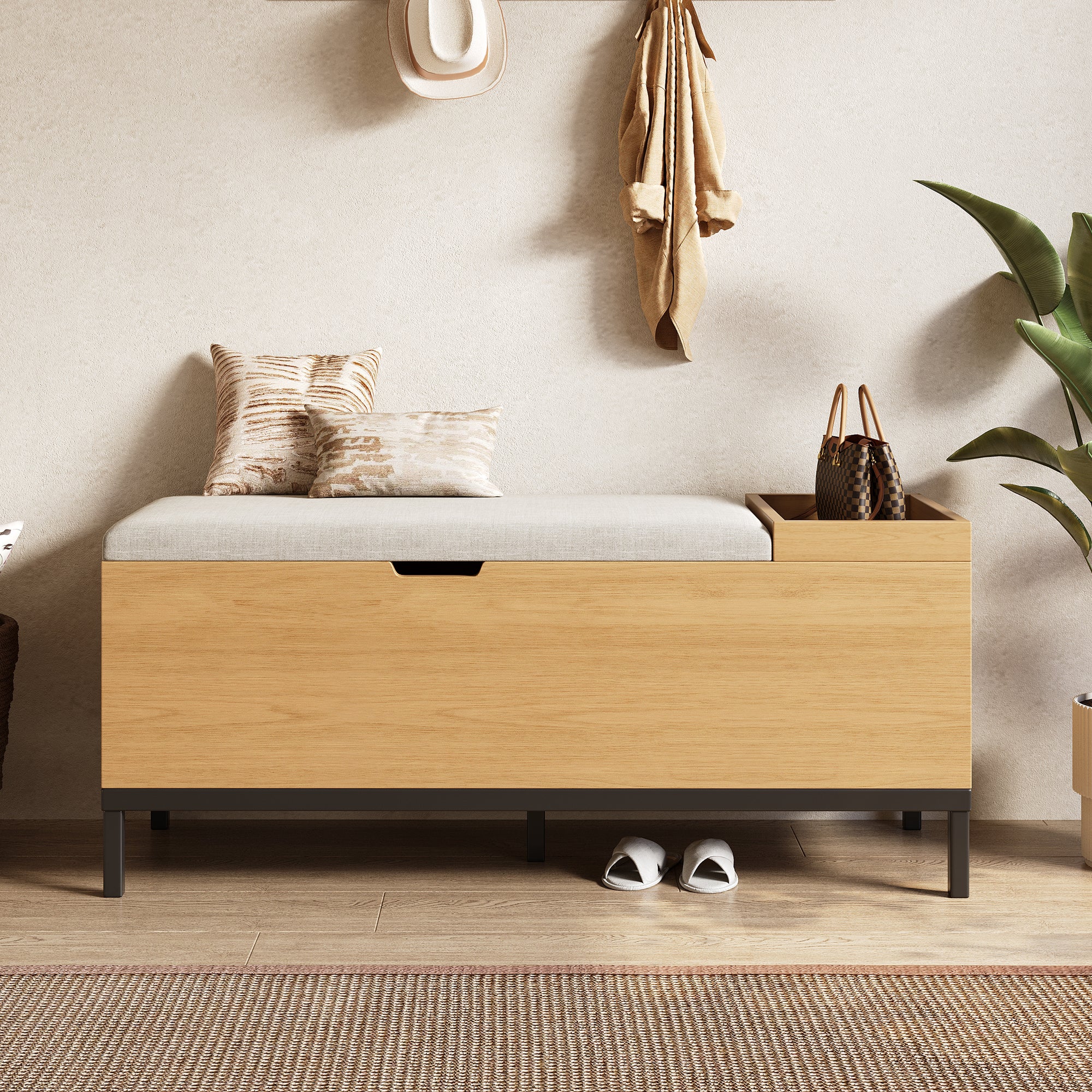 Ławka na buty z miejscem do przechowywania i poduszką - 115 x 49,5 x 40 cm - MDF - Naturalna