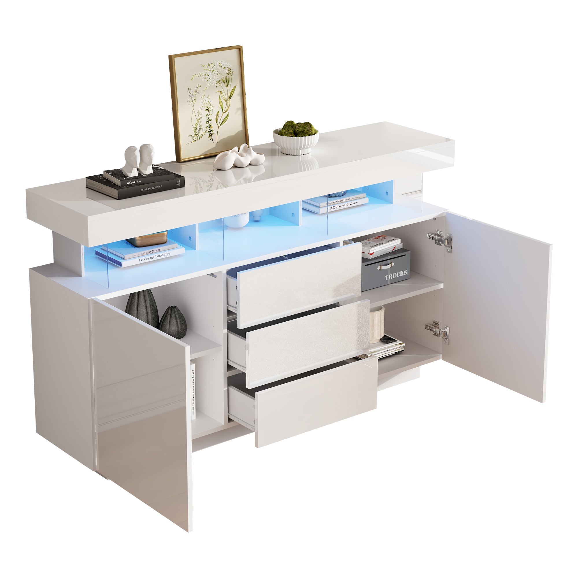 Credenza bassa moderna con 2 ante e 3 cassetti - 140 x 35 x 80 cm - LED - Pannello truciolare e acrilico - Bianco lucido - 8