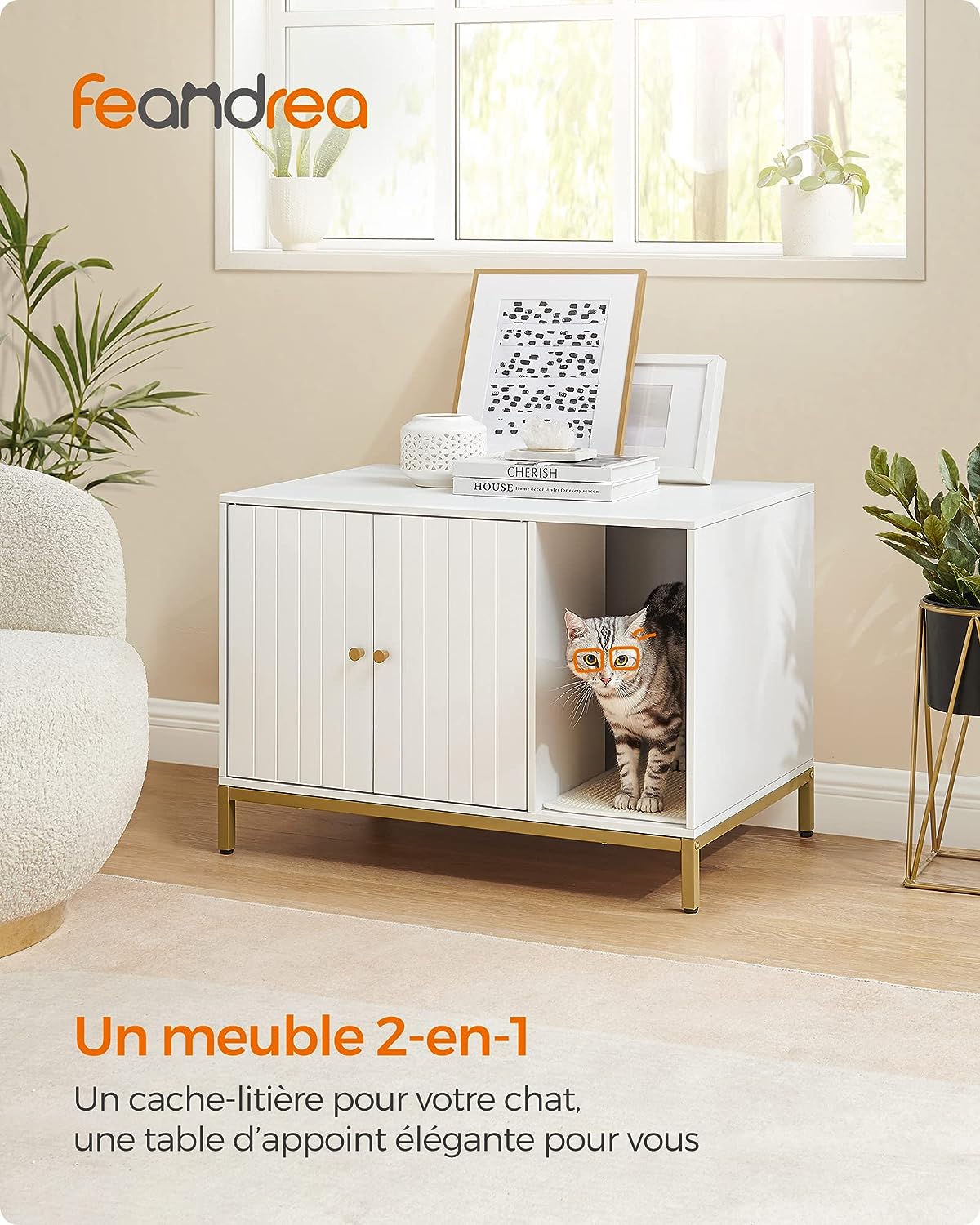 Maison de Toilettes pour Chat, Cache-litière, avec Tapis à Griffer, Pieds Hauts, Table d’Appoint, 80 x 50 x 55 cm, Blanc et Doré - 2