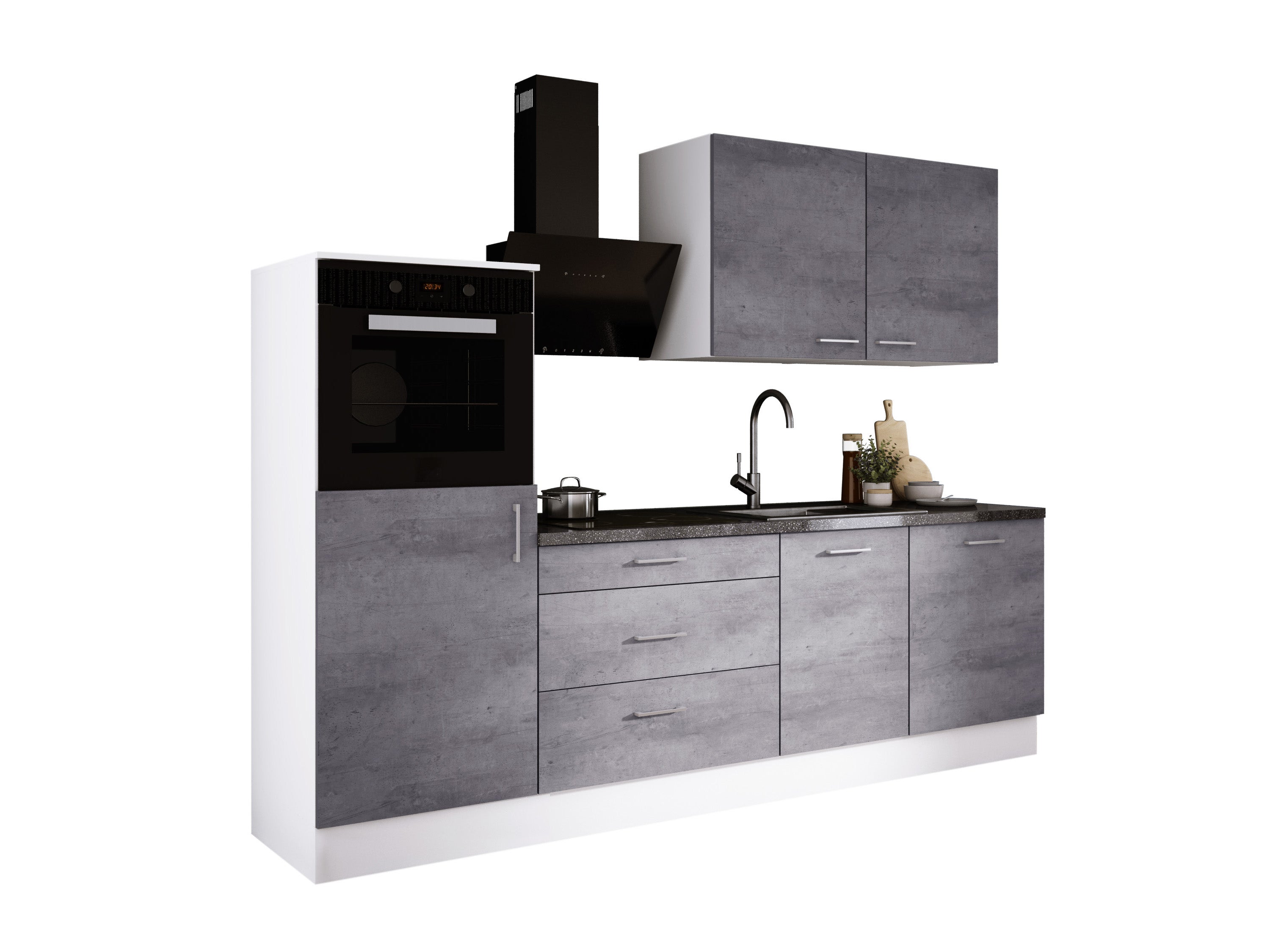 Zestaw mebli kuchennych: Matowa biel / beton, 250 x 220 x 60 cm
