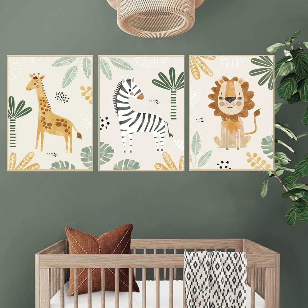 3 Affiches Animaux Jungle Lion Girafe Zebre Tableau Savane Bebe Deco Chambre Bebe Vert Beige Poster 30x40 sans Cadre - 4