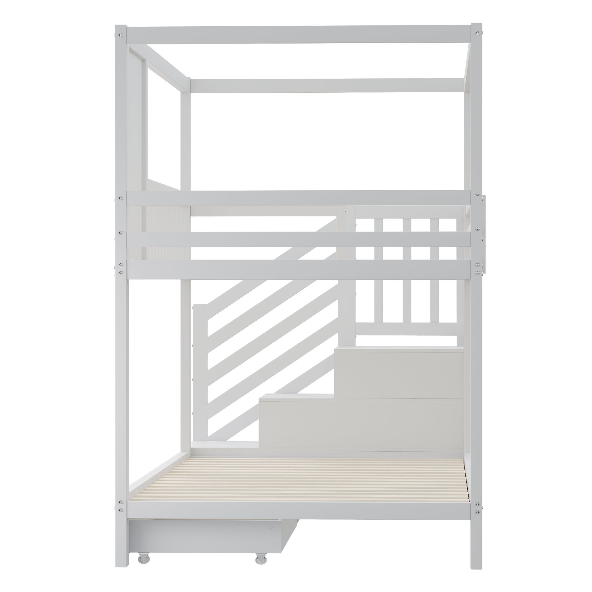 Lit superposé 90x200cm en bois massif - 2 tiroirs et escalier de rangement - Blanc - 9