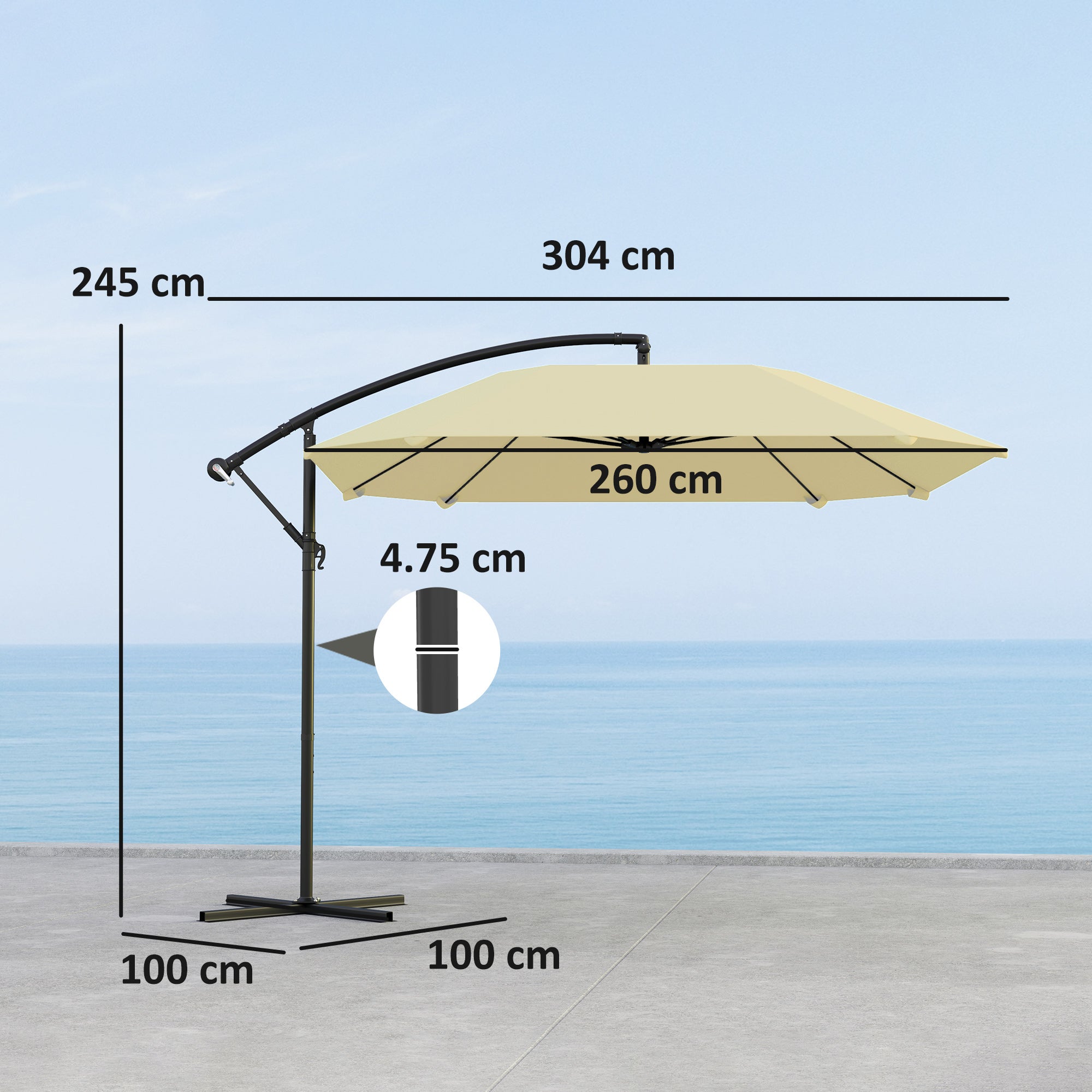 Parasol déporté aluminium Ø 260 cm parasol, parasol à manivelle étanche avec pied, manivelle, protection contre le vent, beige - 3