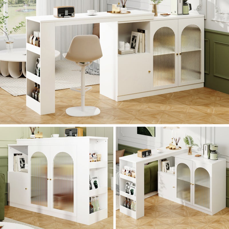 Szafka obrotowa z barem – 3 drzwi i półki – płyta MDF, drewno i szkło – do jadalni lub salonu – biała