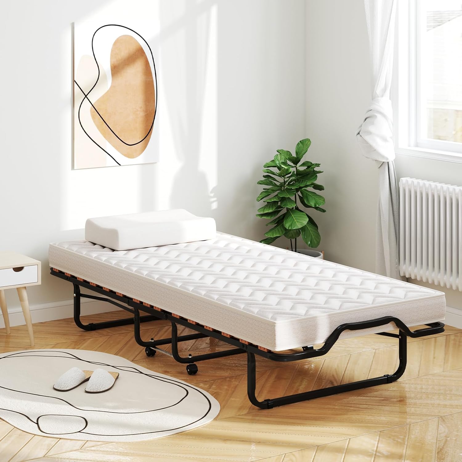 Składane łóżko dla jednej osoby 80 x 200 cm z materacem ortopedycznym z pianki memory 10 cm, nośność 120 kg, łóżko dodatkowe na 4 kółkach, beżowy - 7
