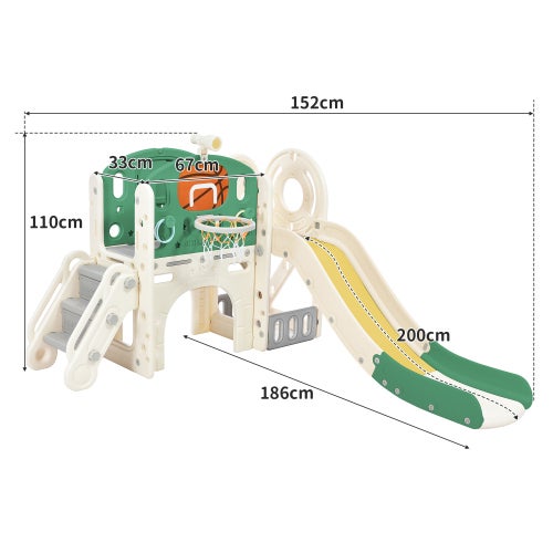 Toboggan pour enfants avec bacs de rangement, échelle d'escalier, panier de basket et espace tunnel, vert - 4