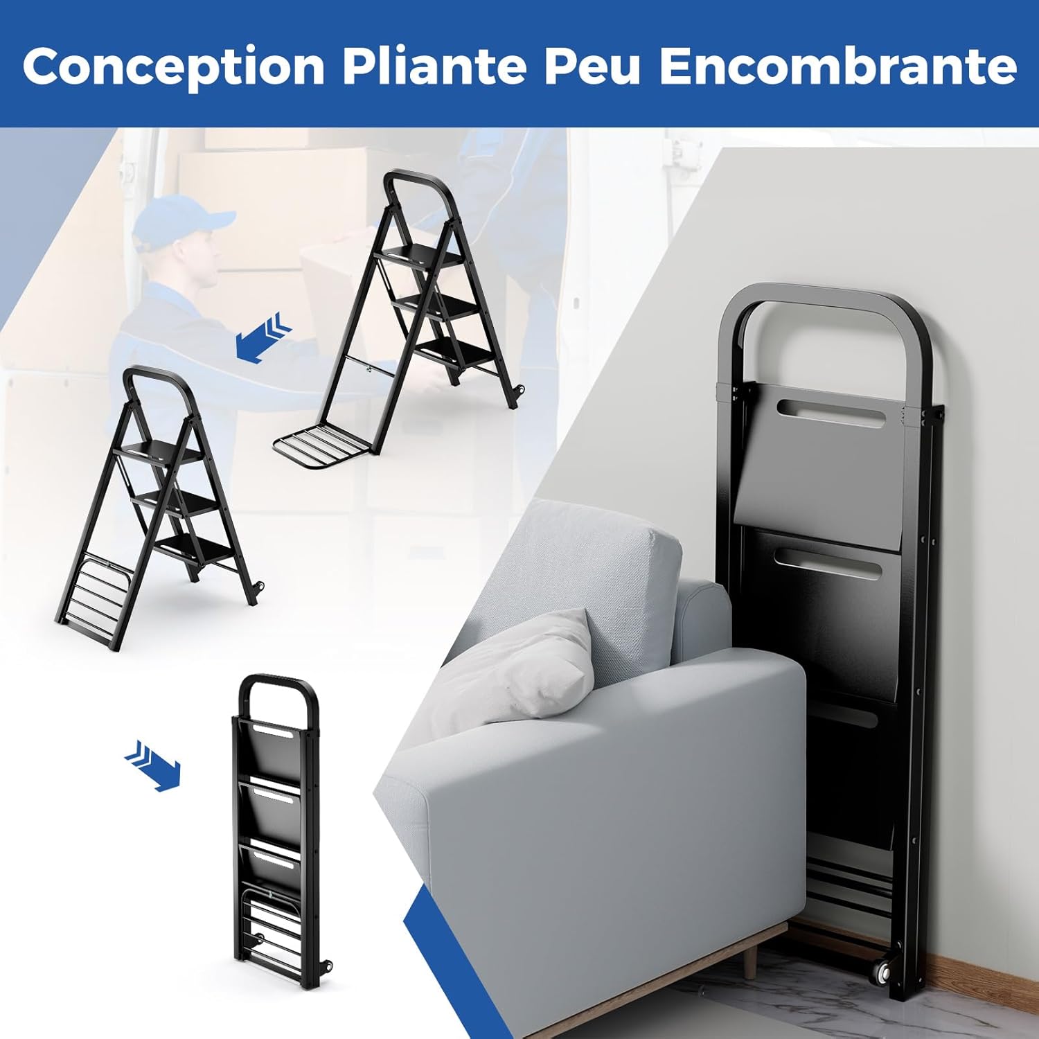 Escabeau et Diable 2 en 1 Pliant en Métal Robuste, Échelle à 3 Marche Larges Diable Convertible, Capacité Echelle 200 kg/Diable 250 kg, Noir - 7
