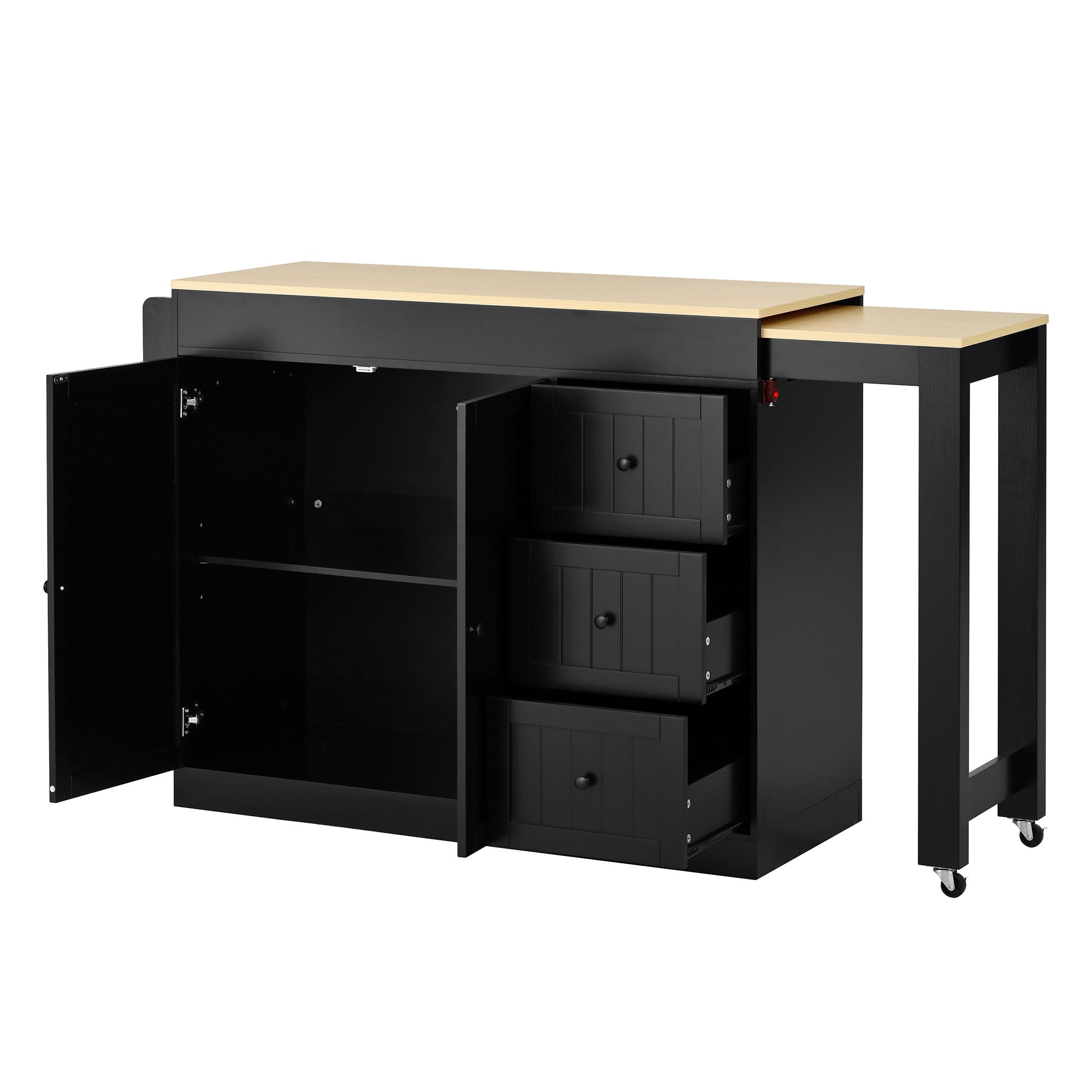 Îlot de cuisine rétractable,avec table gigogne,Bar de cuisine moderne sur roulettes,chariot de cuisine mobile avec étagère à épices et tiroir, Noir - 8
