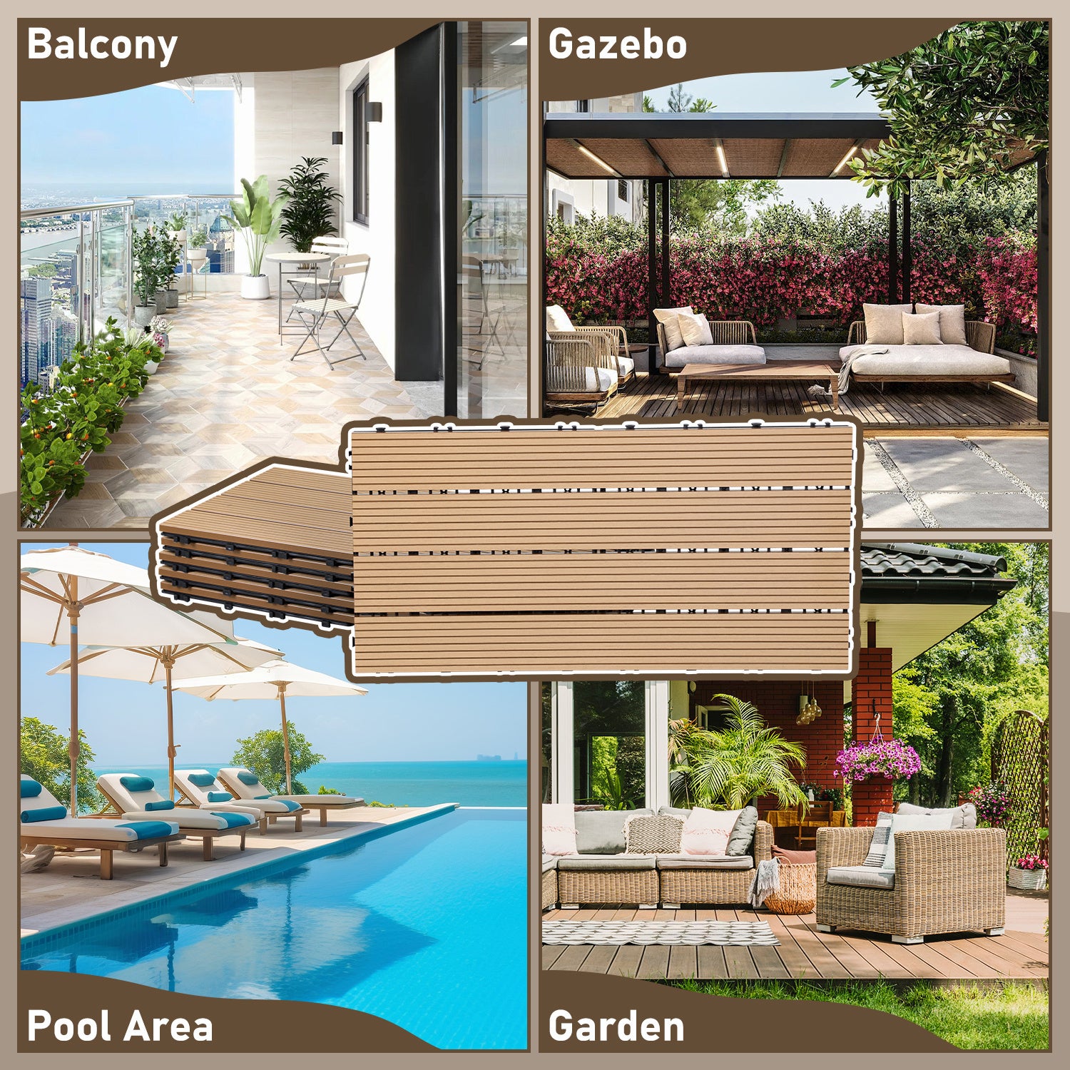 6 pièces WPC Dalles de terrasse 4 lattes 1 m², 30 x 60 cm, Dalles clipsables Composite bois Teck - 7