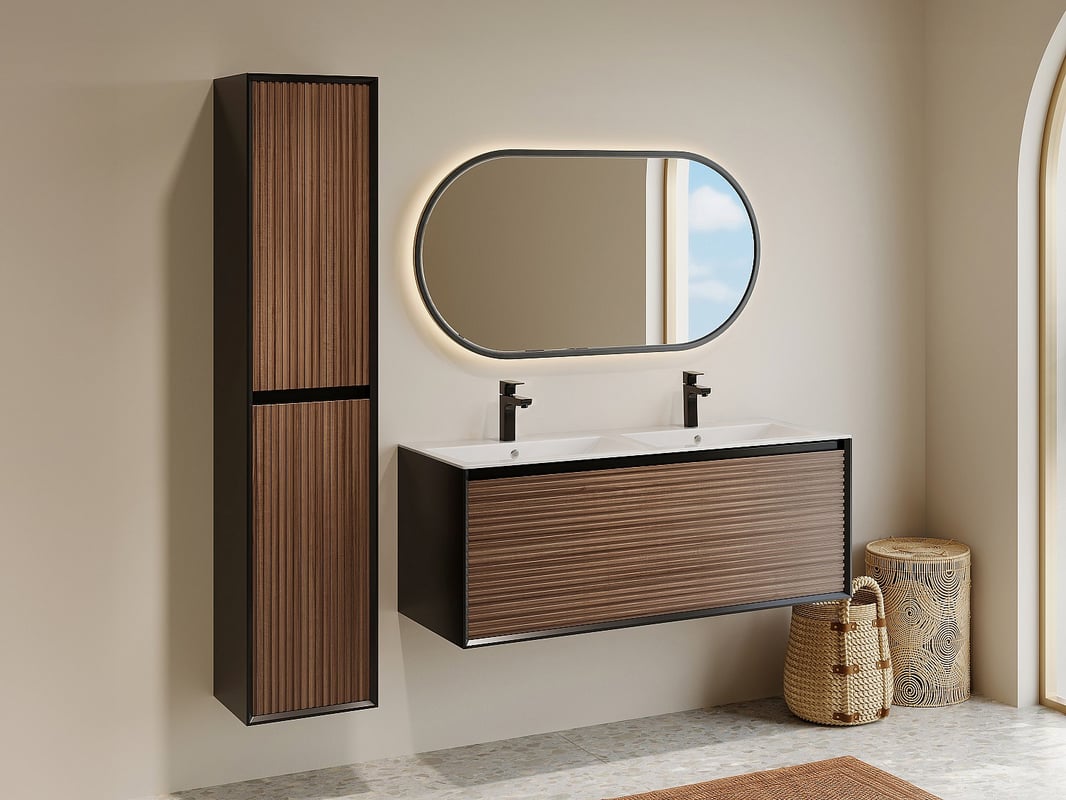 Szafka łazienkowa wisząca ryflowana z umywalką wpuszczaną w blat i słupkiem - Naturalny ciemny i czarny - 120 cm - BANIVA