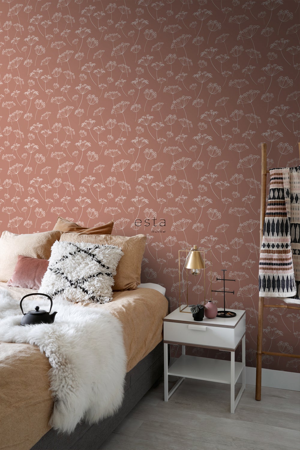 Papier peint ombelles terracotta et blanc - 53 cm x 10.05 m - ESTAhome - 2