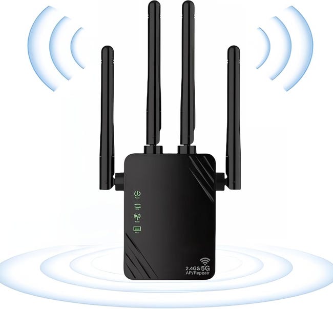 Wzmacniacz WiFi 1200 Mb/s, dwuzakresowy 5 GHz i 2,4 GHz, port gigabitowy i WPS, wyposażony w 4 anteny, kompatybilny ze wszystkimi urządzeniami siecio