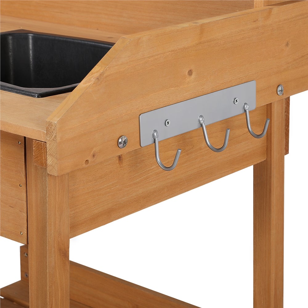 Table de Jardinage en Bois avec Évier Amovible, Tiroir, Crochets et Étagères de Rangement, Couleur Bois Yaheetech - 9