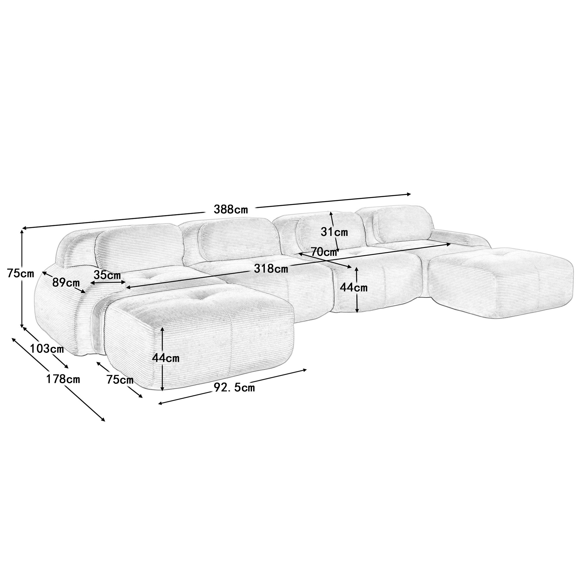 Canapé d\'angle modulable en forme de U Canapé 4 places Élégant - Accroupiers extra-larges- Tissu velours côtelé respirant - Beige - 8