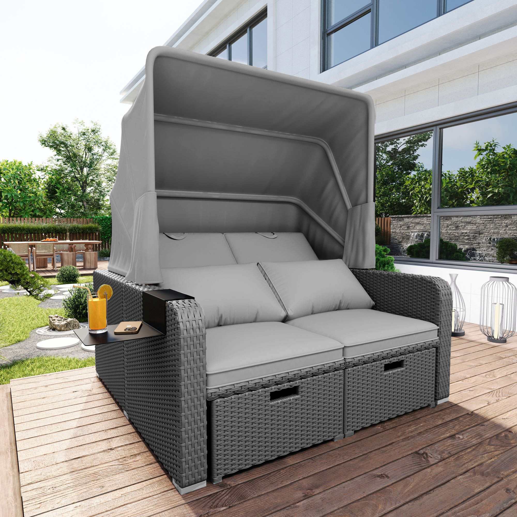 Canapé Polyrattan 2 Places avec Fauteuil Lounge, Coussins Confortables et Marquise Amovible pour Jardin et Terrasse - 2