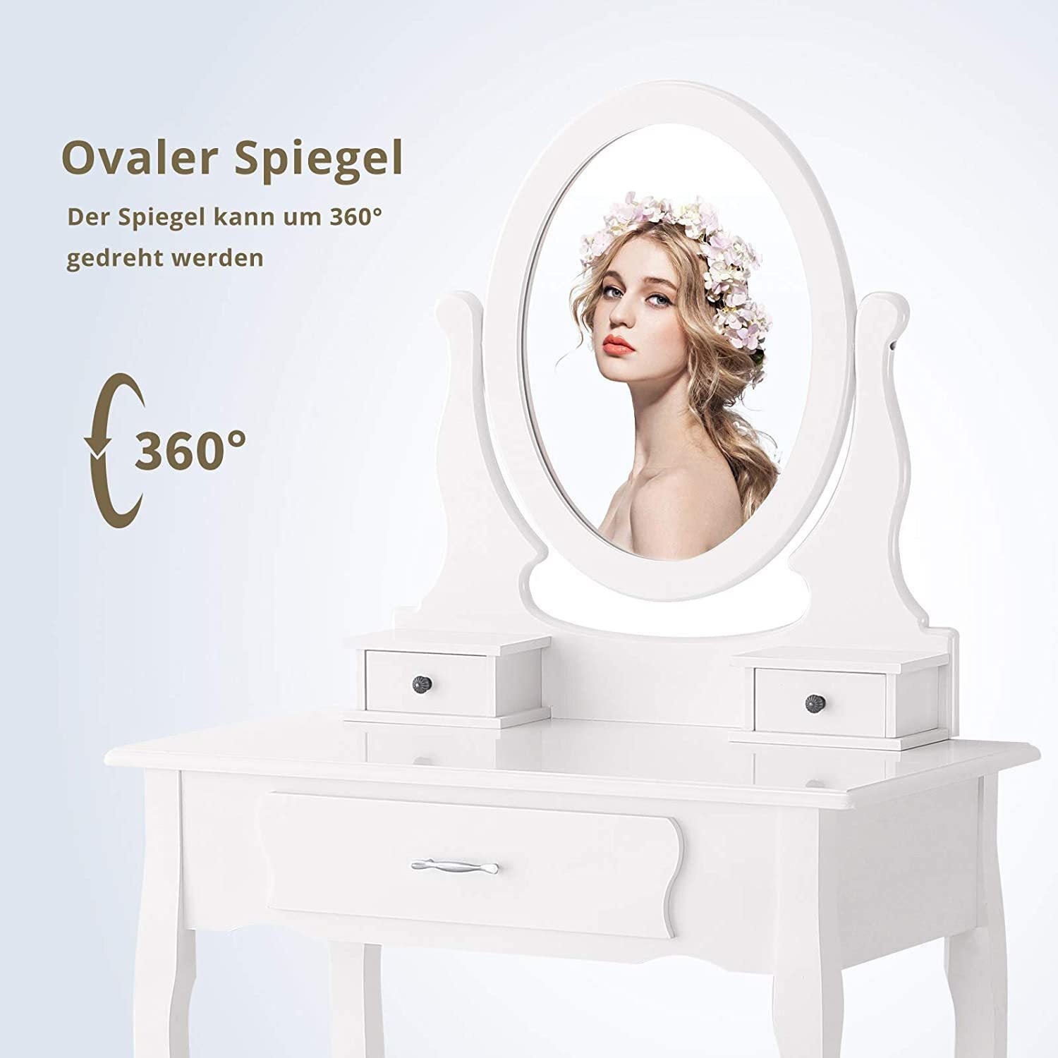 Coiffeuse avec miroir et tabouret, 3 tiroirs, miroir pivotant à 360°, style rétro-luxe, matériau MDF, blanc - 5