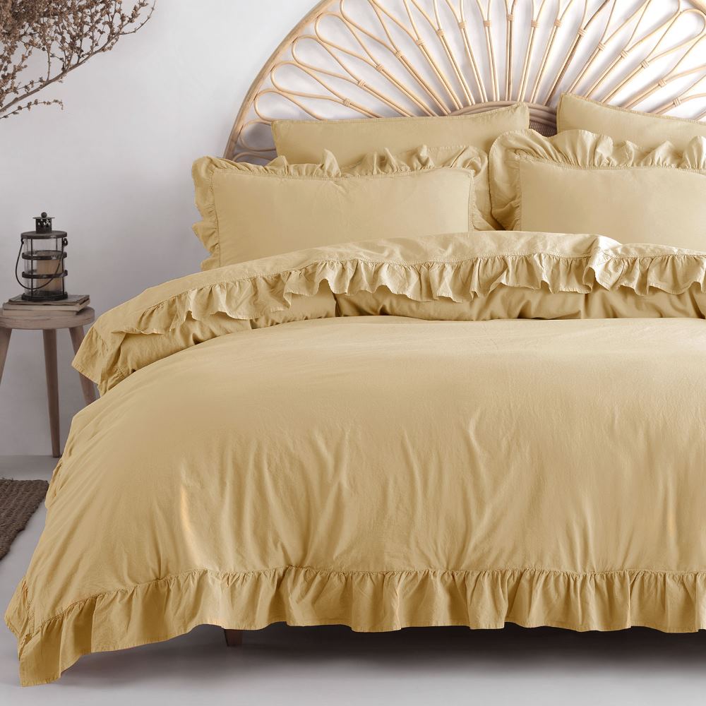 Pościel bawełniana z falbanką 160x200 Stonewashed Exclusive, Soybean, kremowa - Limasso