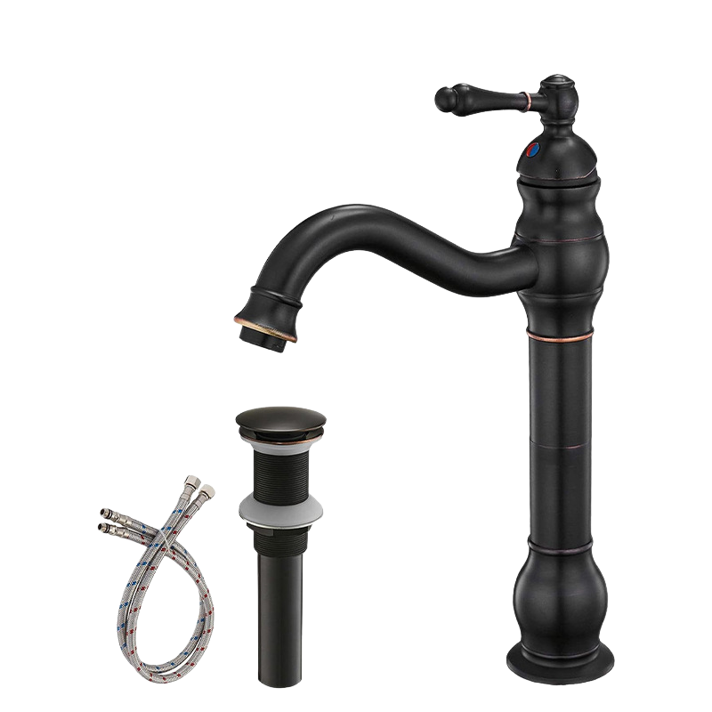 Bateria łazienkowa, obrotowa 360°, jednootworowa, z odpływem typu „pop-up”, czarna