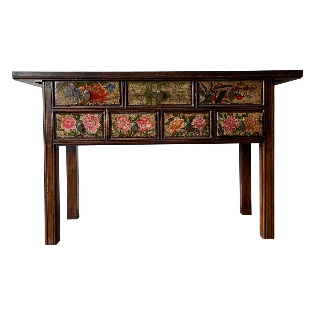 Meuble d'entrée en bois artisanal marron peint à la main, 173,5x45x89 - 2