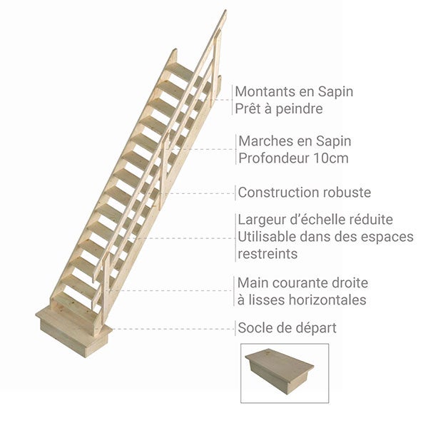 Escalier bois 13 marches - Hauteur à franchir 3.00m - Rampes à droite - Largeur 0,52m - COTTAGE-P-300-MCD - 3