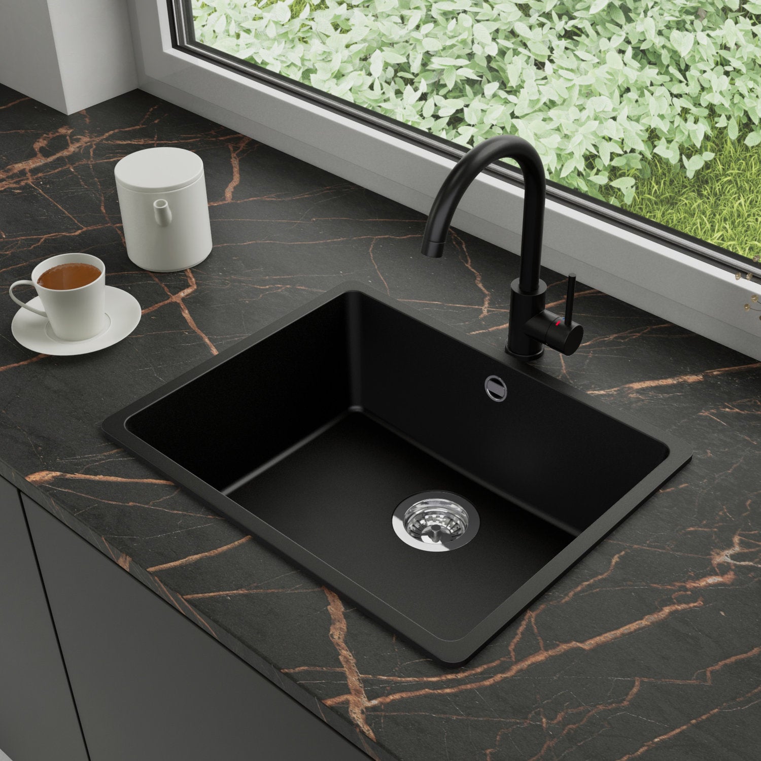 Zlewozmywak Granitowy 56x44cm, do szafki od 60cm + Bateria + Syfon - Garnet Czarny STONESTYLE