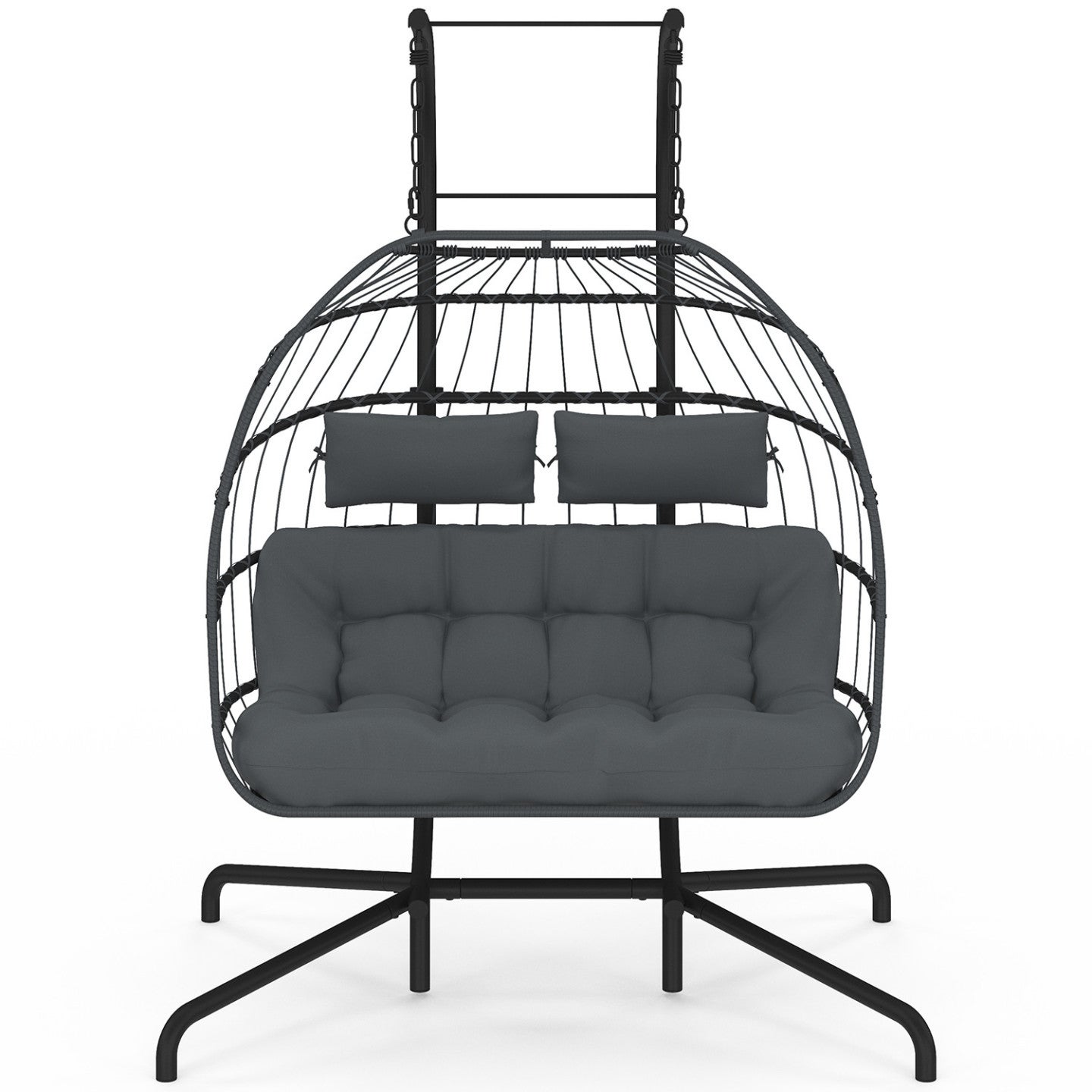 Fauteuil oeuf suspendu ajouré 2 places effet rotin gris avec coussin gris - 5