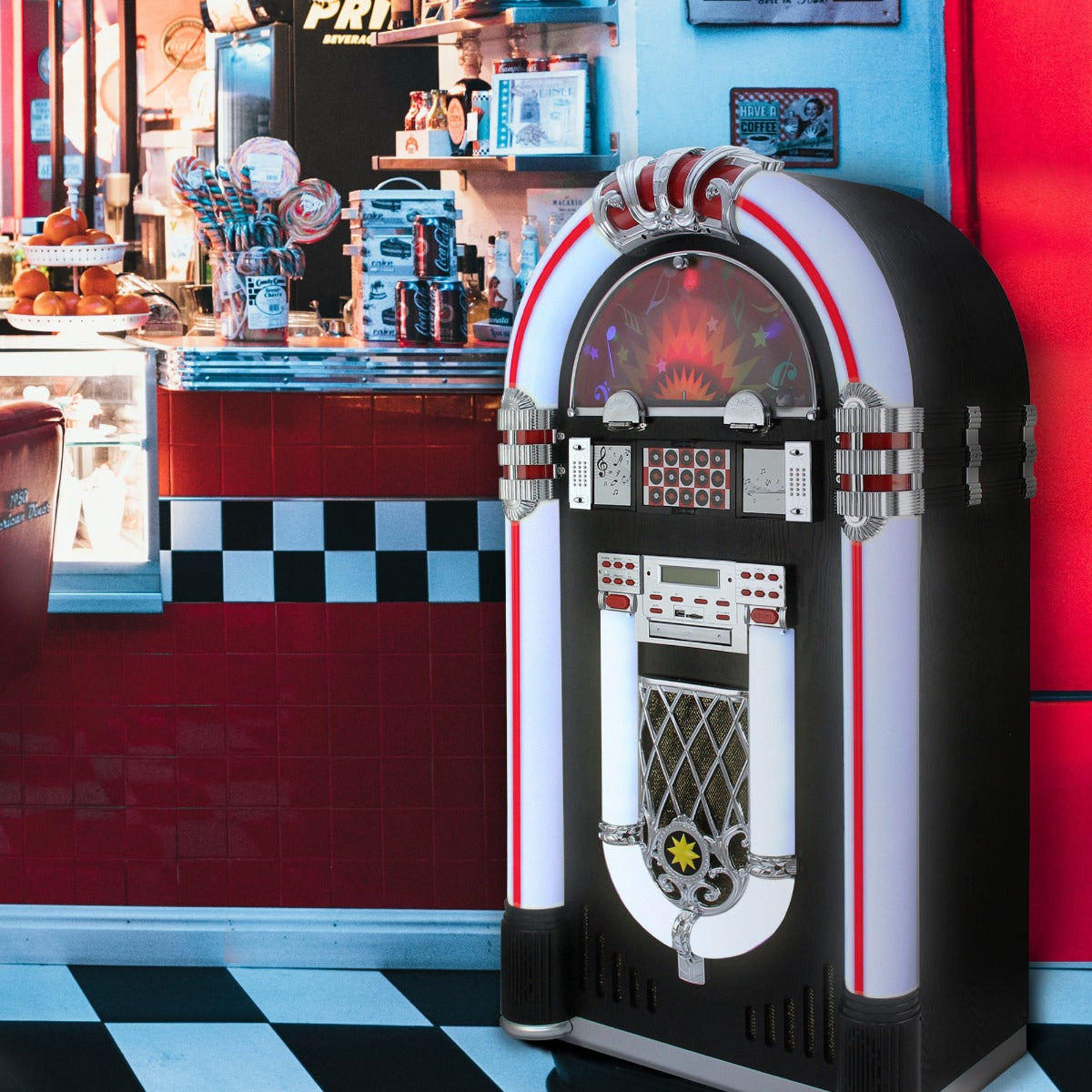 MonsterShop - Jukebox Anni '50 con Vinile, CD, USB, Bluetooth, SD/MMC Memory Card, Radio FM e AUX 128cm x 64cm x 38cm - 7