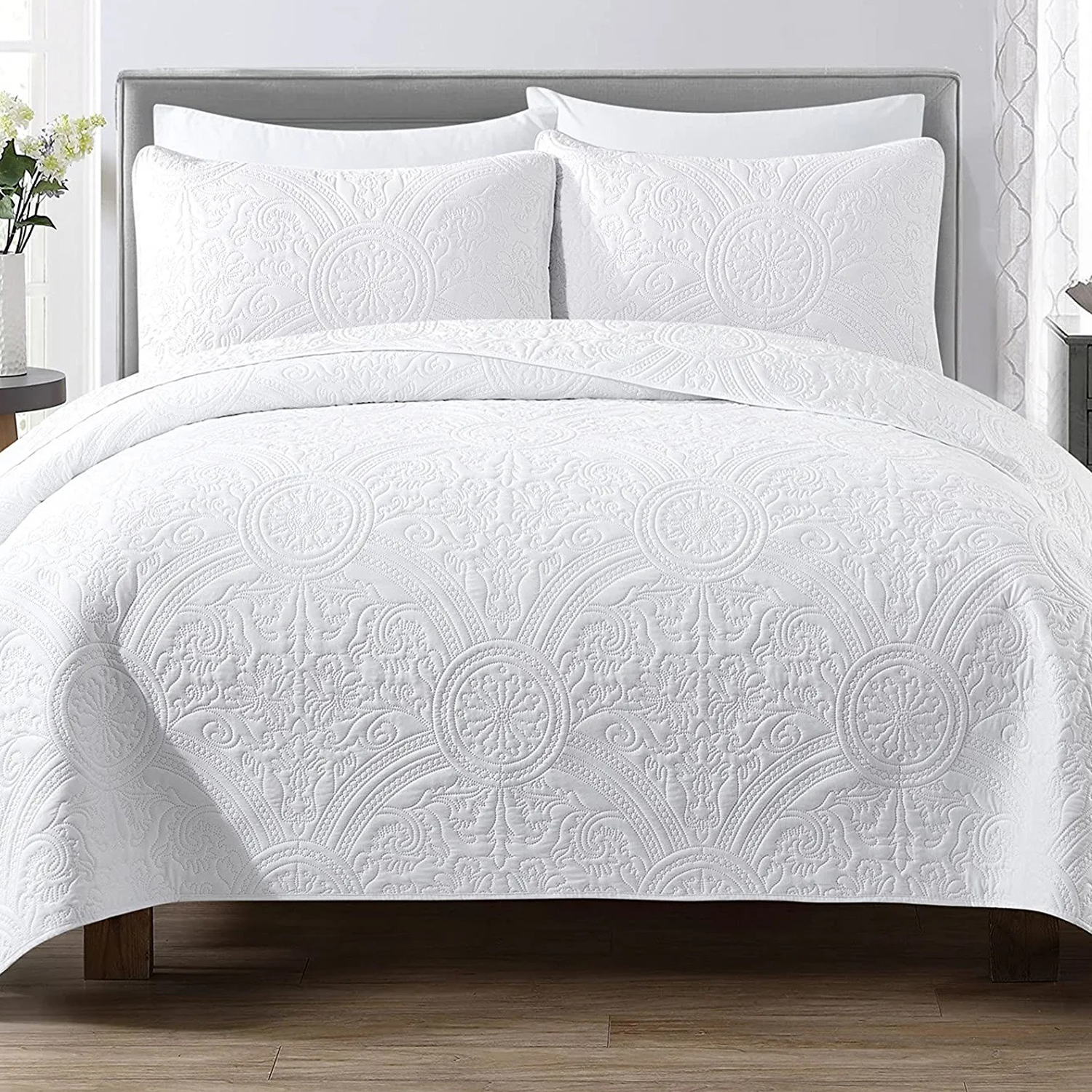 Haradeco colcha verano blanca cama 105 con funda almohada, colcha bouti microfibra fina, cubrecama decorativa(blanca, cama 105)
