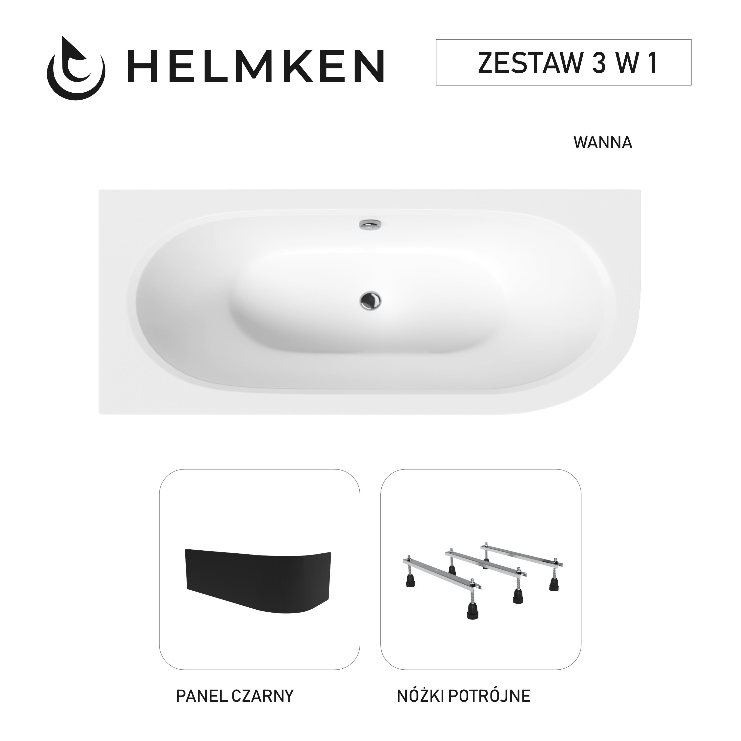 Wanna akrylowa Helmken Marbella Lux 150 x 75 Lewa + Panel czarny + Nóżki potrójne / 23092002ZC