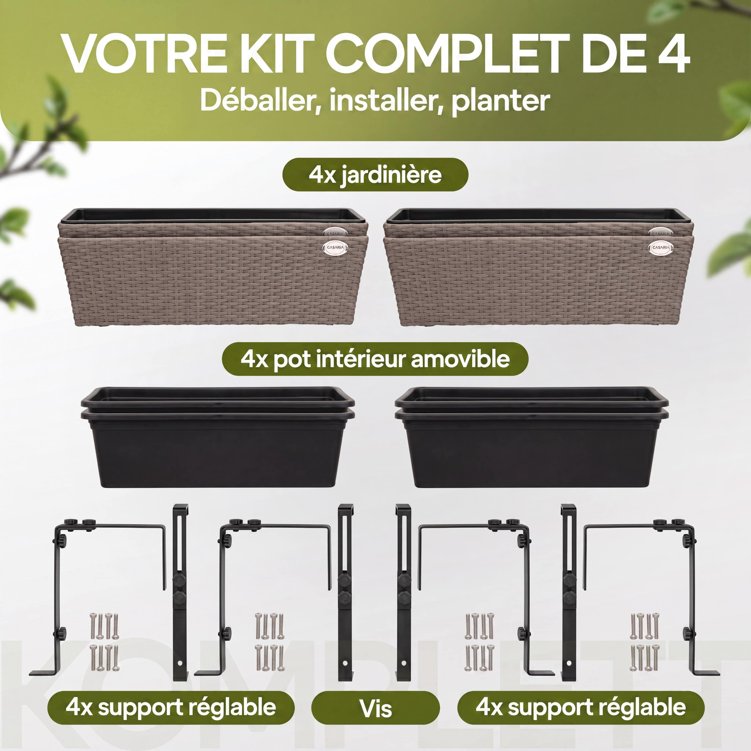 CASARIA Lot de 4x Bacs à fleurs en Polyrotin Crème - Rambarde, Balconnière - 4