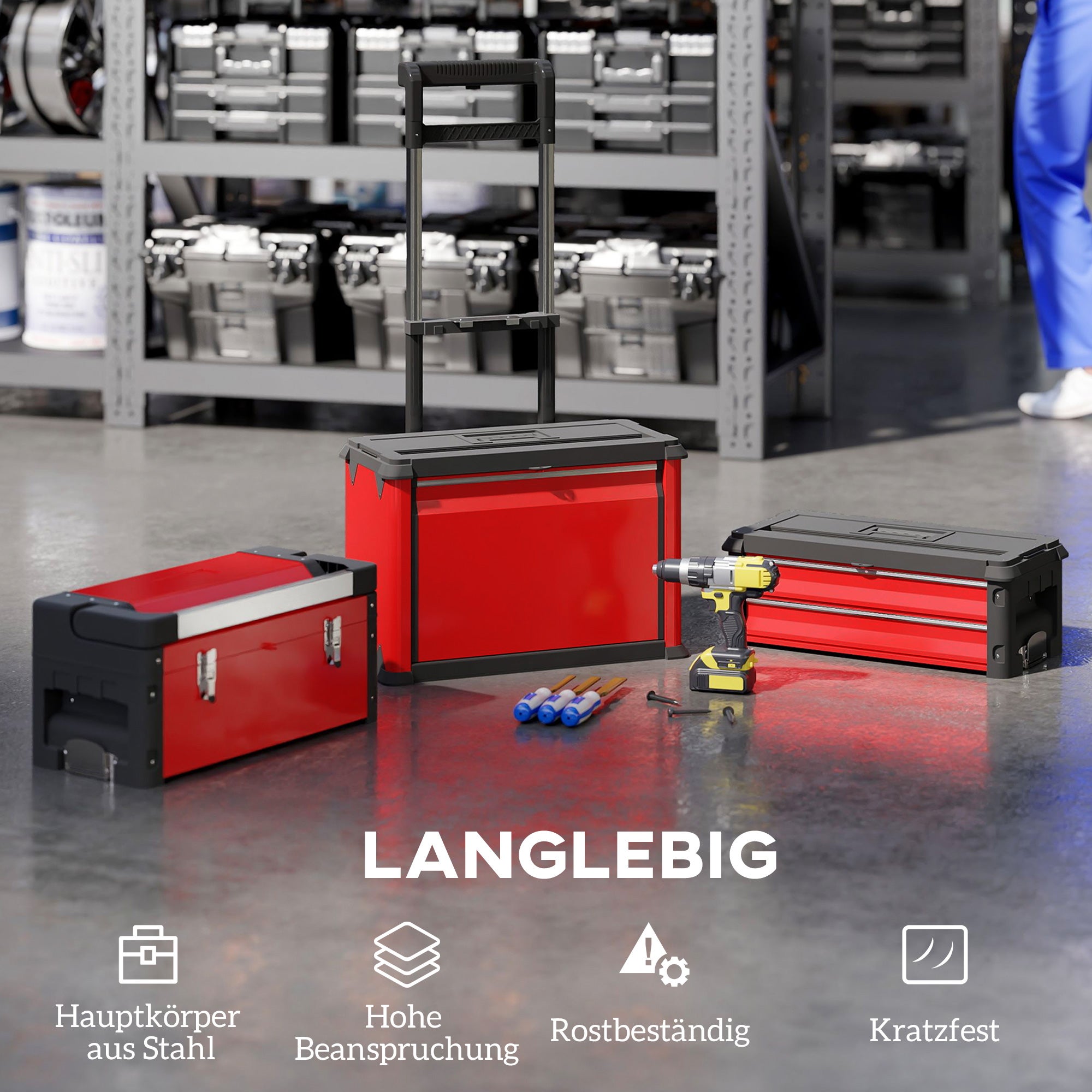 Cassetta portautensili a 3 ripiani con ruote, impilabile, in acciaio e plastica - 8