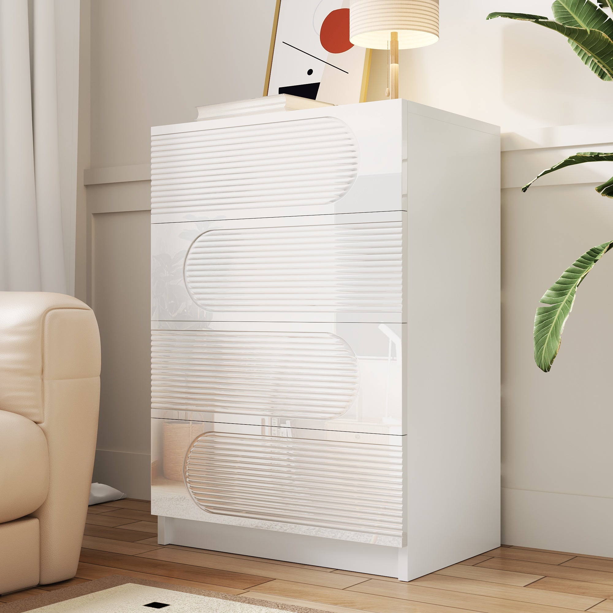 Nowoczesna komoda 60 x 38,5 x 85 cm - regał z 4 szufladami - wykończenie na wysoki połysk - płyta MDF + płyta wiórowa - biały - 4