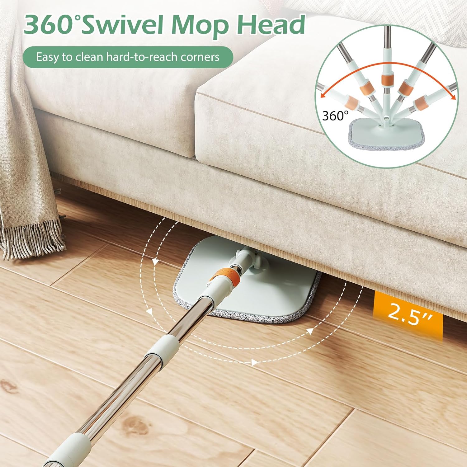Mop z Wiadrem i Wyciskaczem, z Podwójnym Pojemnikiem, Obrotową Głowicą 360°, Oddzielaniem Brudnej i Czystej Wody, do Czyszczenia Podłóg, Zielony - 4