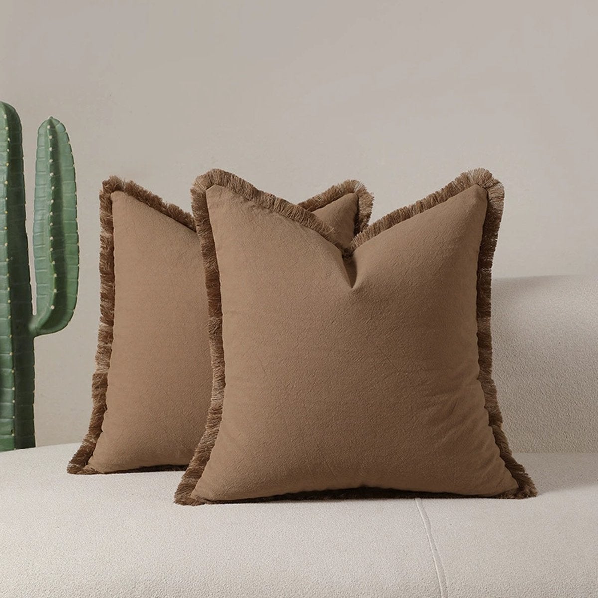 Set de 2 fețe de pernă decorative din in cu franjuri, stil boho, confortabile și rustice, cu ciucuri, pentru canapea extensibilă, living, decor... 2buc
