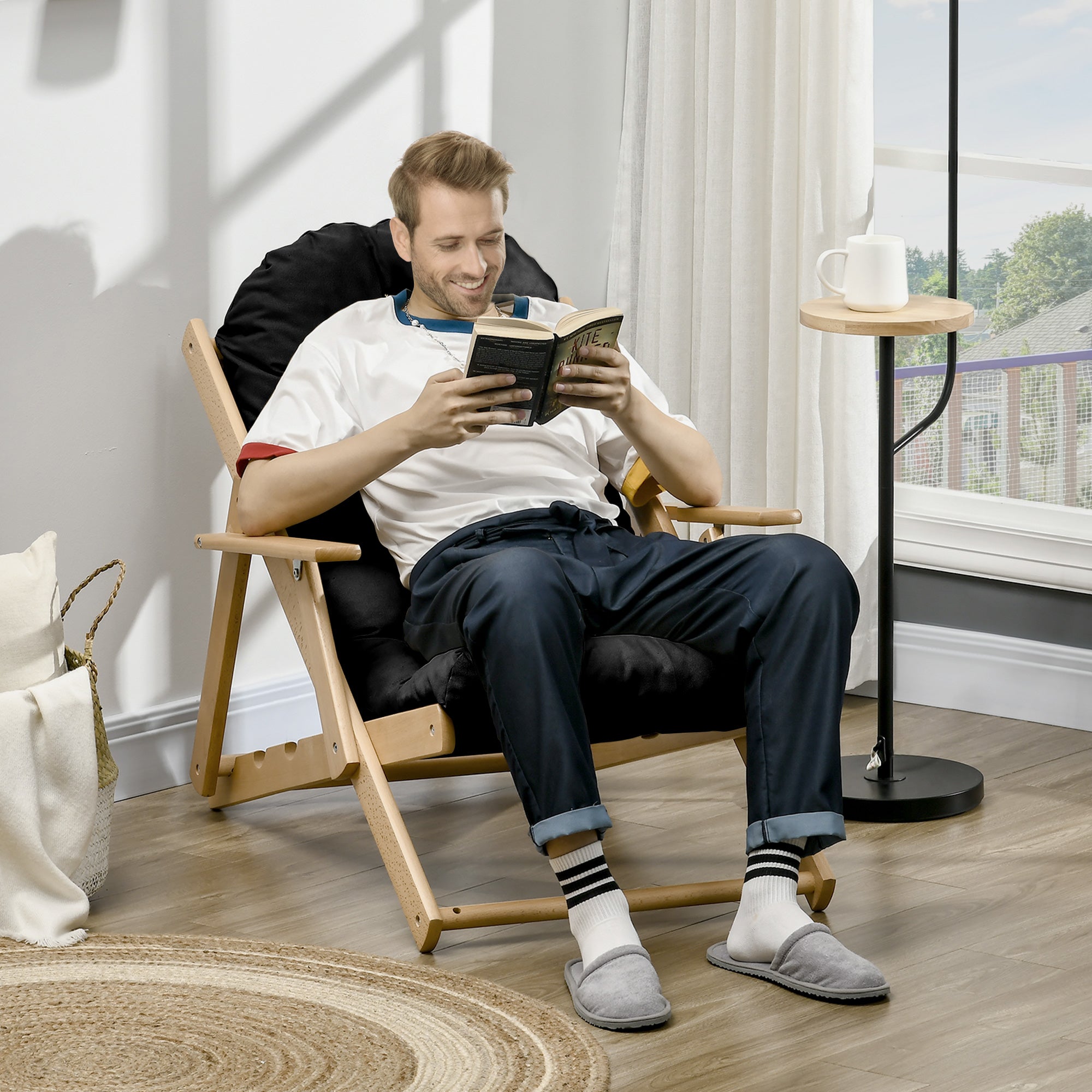 Fauteuil et méridienne de salon pliables et inclinables en bois, fauteuil confortable et relaxant avec coussin épais capitonné - 9