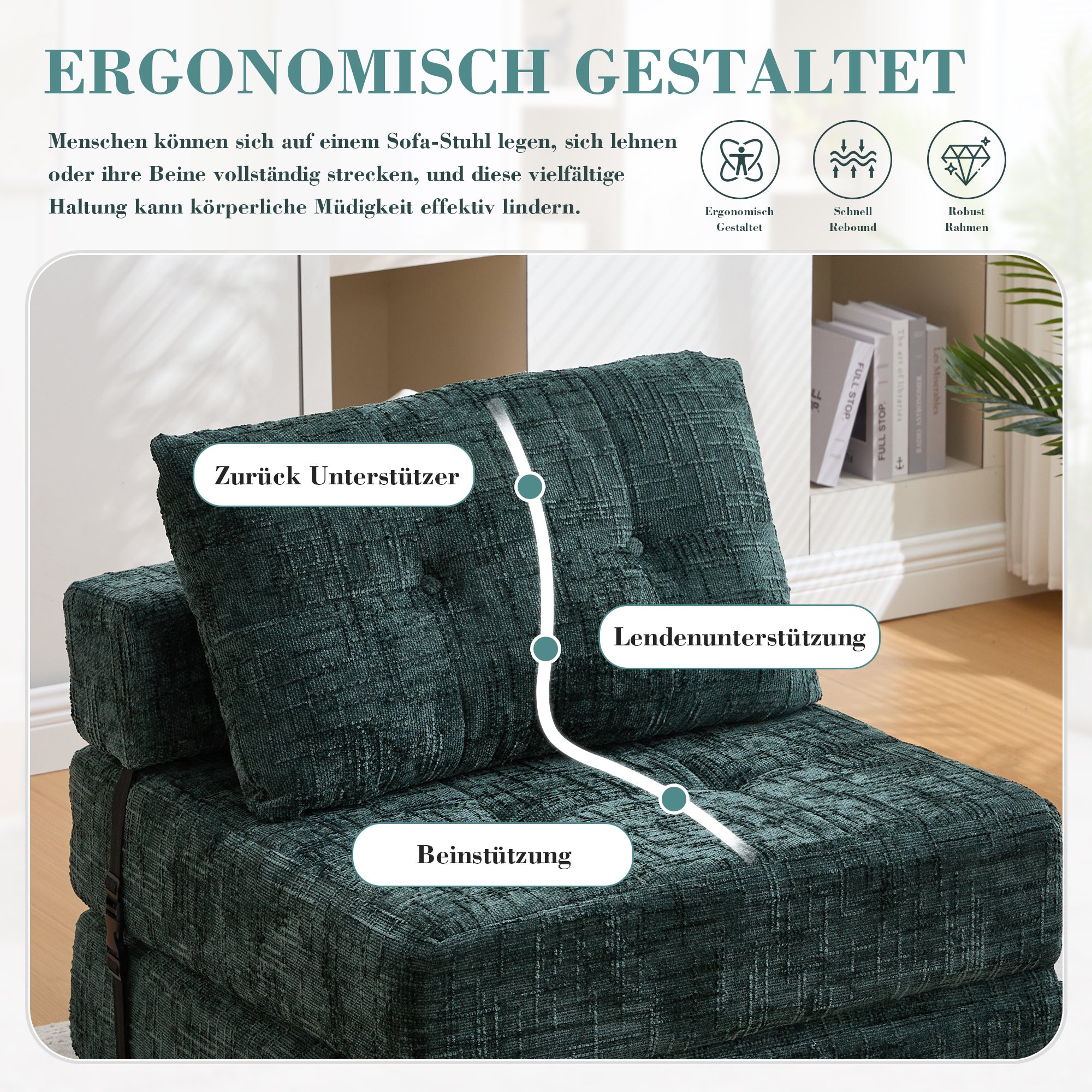 Canapé-Lit Pliant Multifonction avec Coussins, Fauteuil Convertible ,Tissu Chenille Vert émeraude, Dimensions 79x79x57 cm - 6