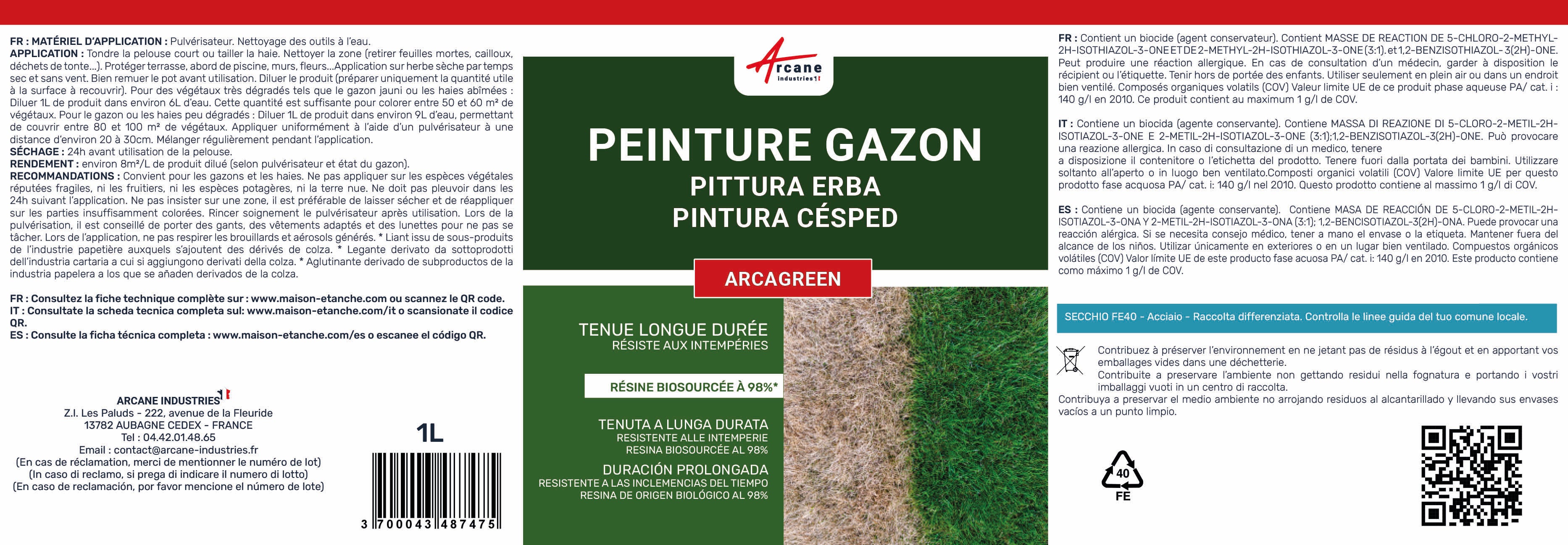 Peinture Gazon, Pelouse, Végétation : ARCAGREEN Vert - 1 L - ARCANE INDUSTRIES - 6