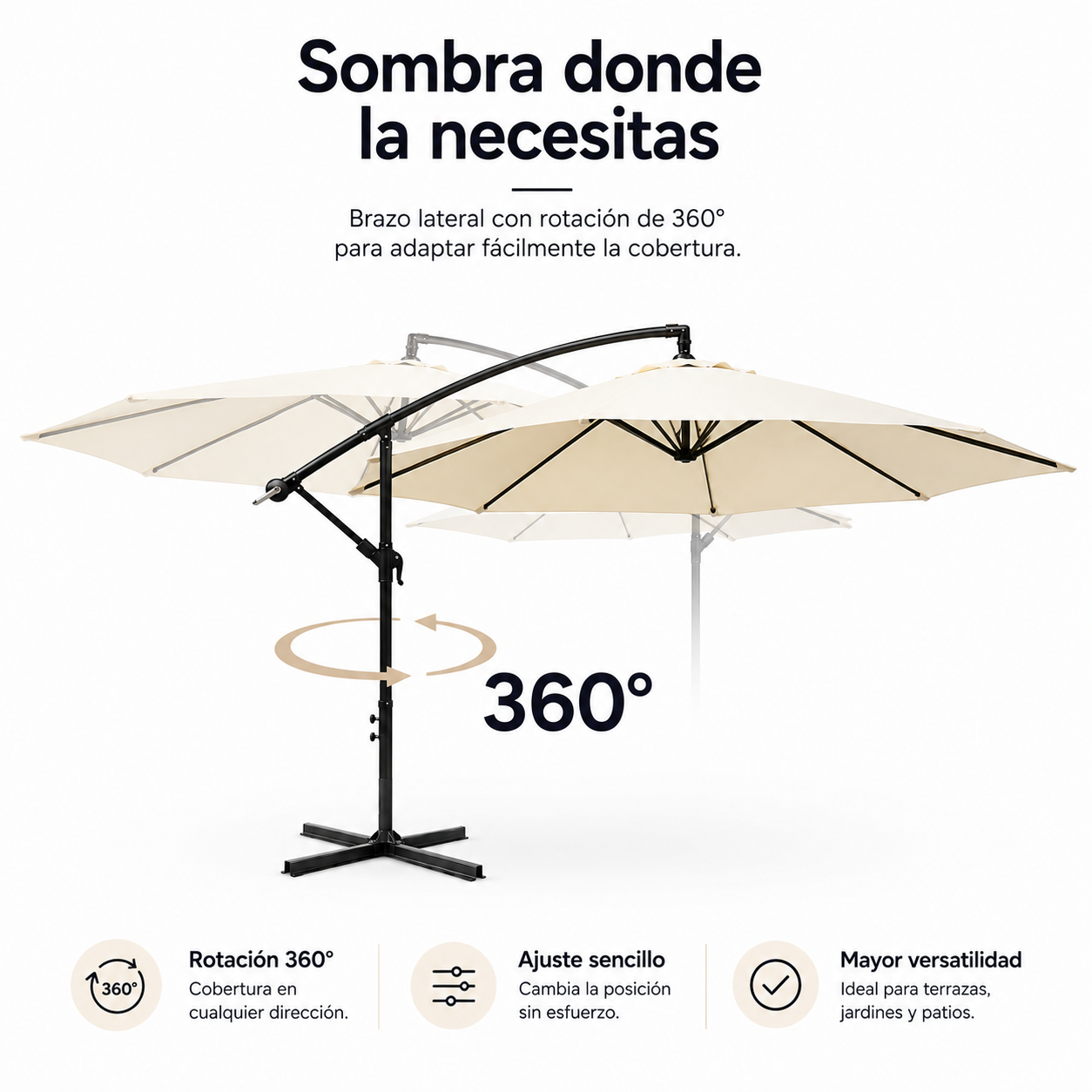 Parasol latéral 3 mètres inclinable 360° avec mât et manivelle beige sans base - 3