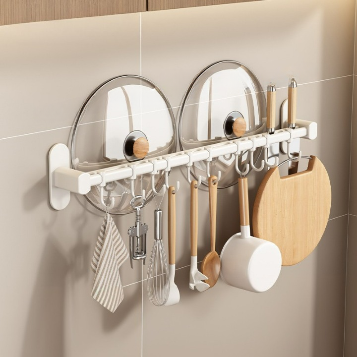 Aluminiowy uchwyt na noże z haczykami, uchwyt na pokrywkę garnka - uchwyt na noże * 2 + haki * 10 - biały 60 * 8,5 * 6,5 cm