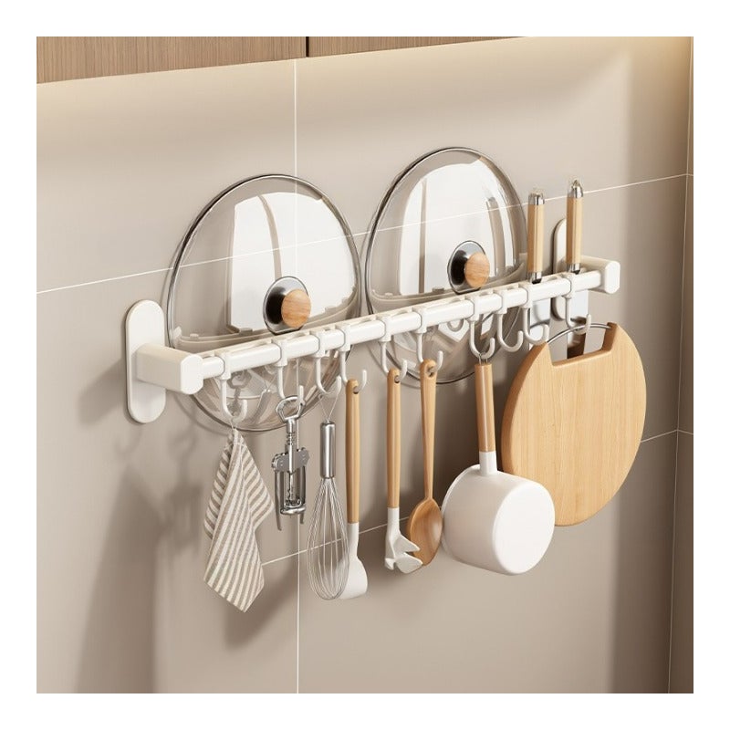 Aluminiowy uchwyt na noże z haczykami, uchwyt na pokrywkę garnka - uchwyt na noże * 2 + haki * 10 - biały 60 * 8,5 * 6,5 cm