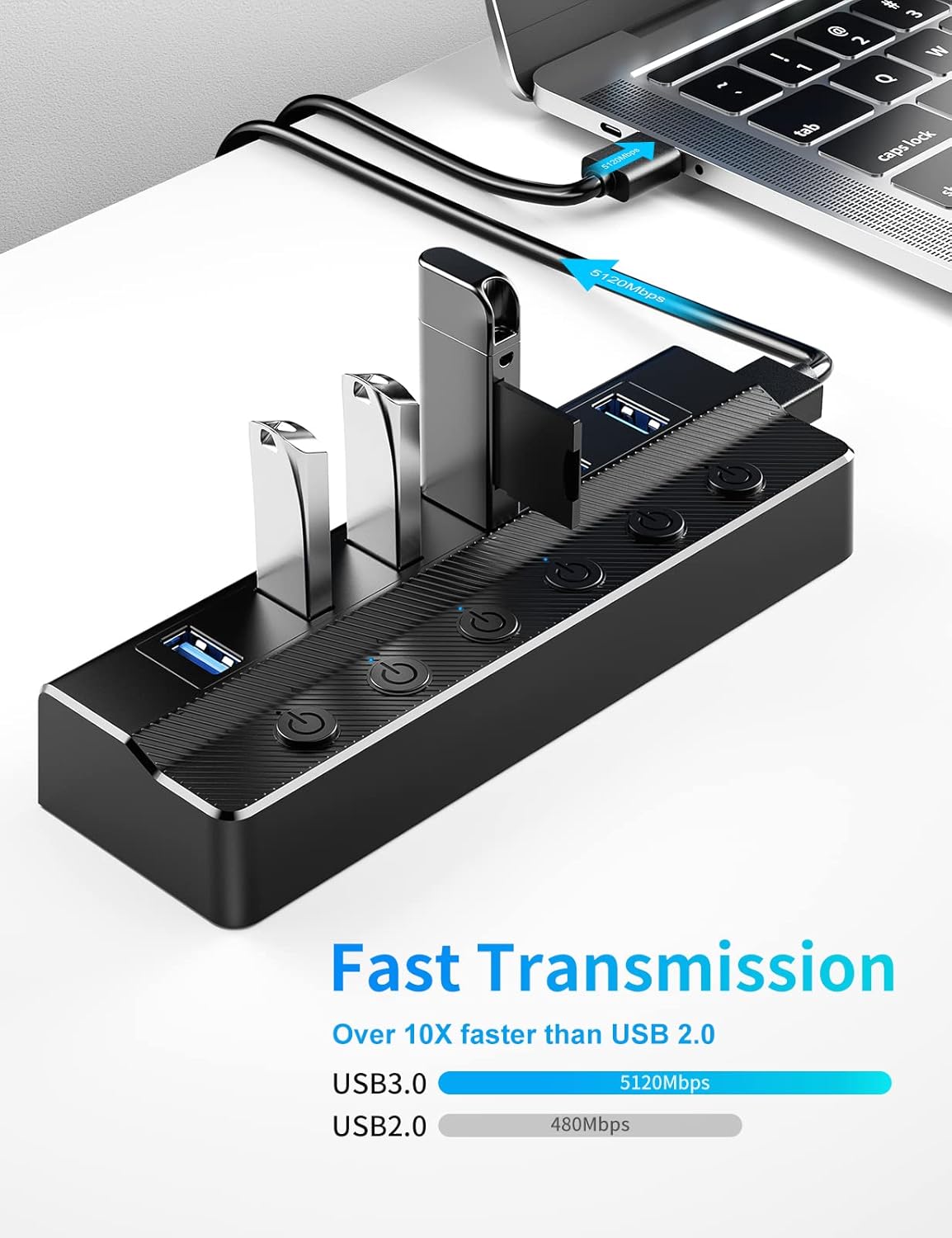 6-portowy koncentrator USB 3.0, rozdzielacz USB do laptopa z osobnymi przełącznikami włączania/wyłączania i lampkami kontrolnymi, kabel 90 cm, Prolo - 3