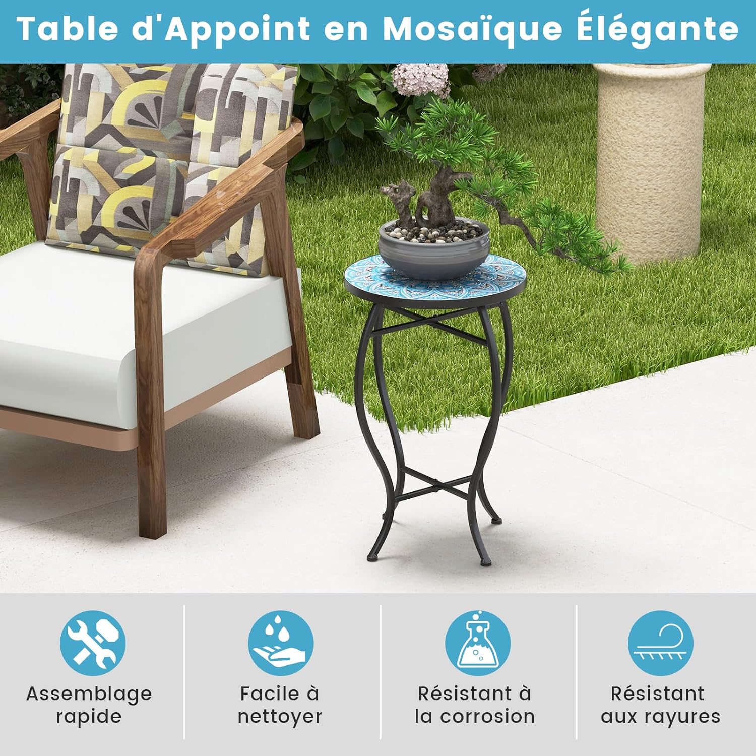 Table d’Appoint Exterieur Jardin en Mosaïque, Table Bistro Ronde en Carreaux , Table Basse (Bleu) - 6
