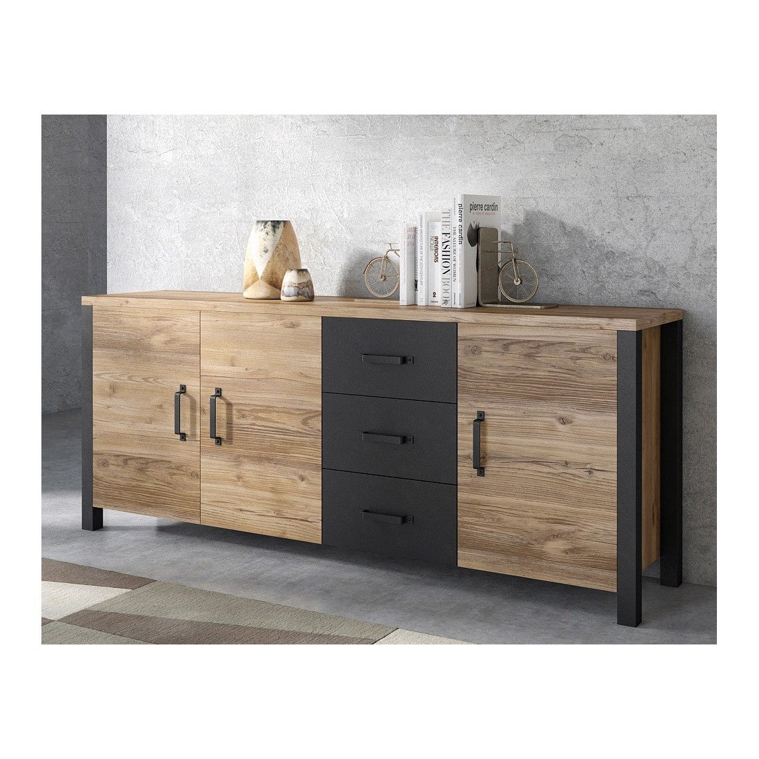 Buffet RAMOS 130 cm - Rovere e nero opaco super - LED multicolori