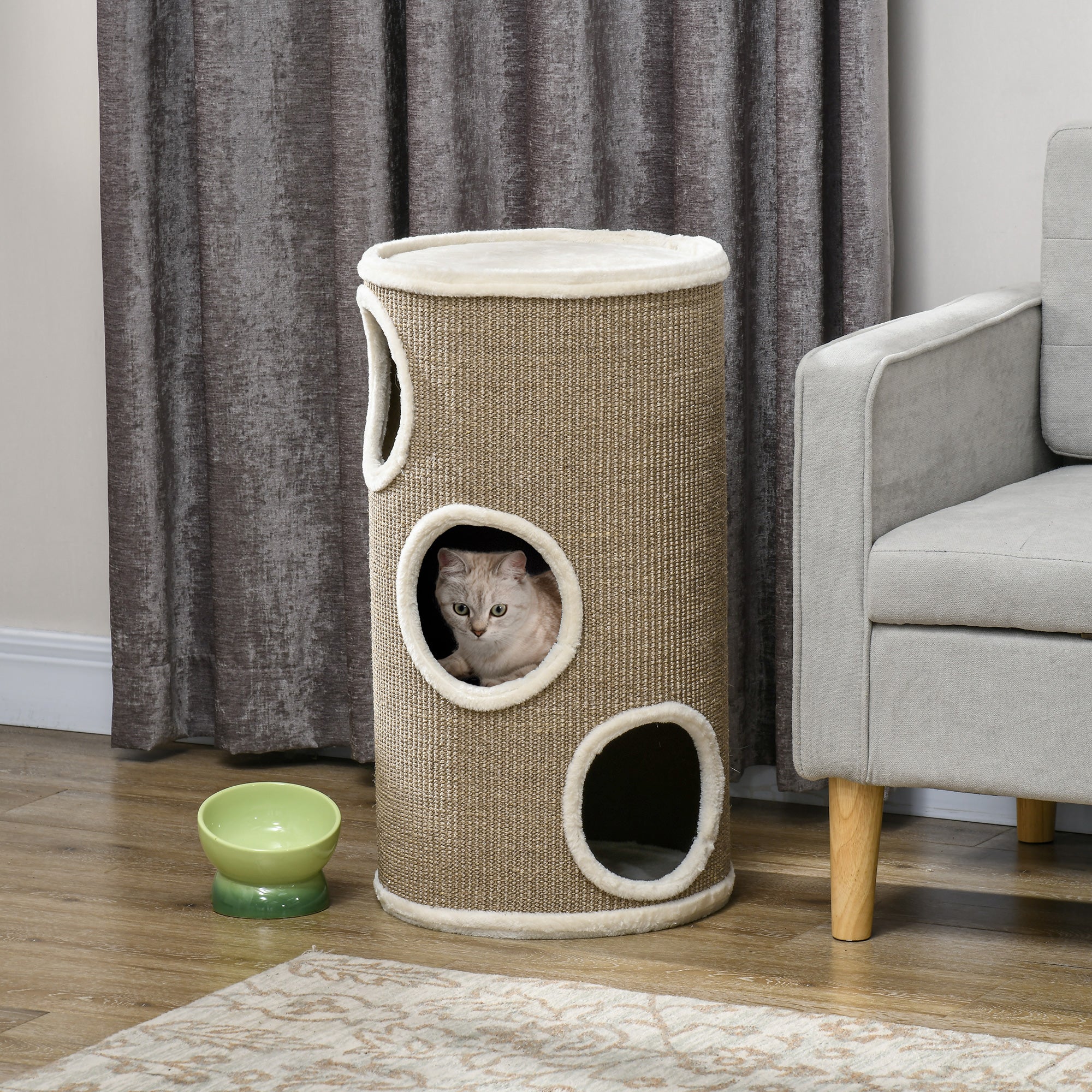 Tonneau grattoir pour chat 3 niveaux sisal peluche marron Ø38x70cm ...